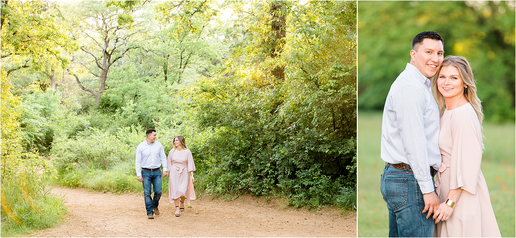 An engaged couple walking through the woods holding hands on a sunny day at Elmer W. Oliver Nature Park in Mansfield, TX. 