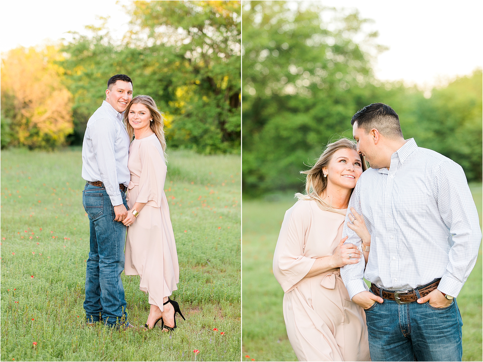 A young couple cheek to check in a lush field during their engagement session at Elmer Oliver Nature Park near Fort Worth, Texas