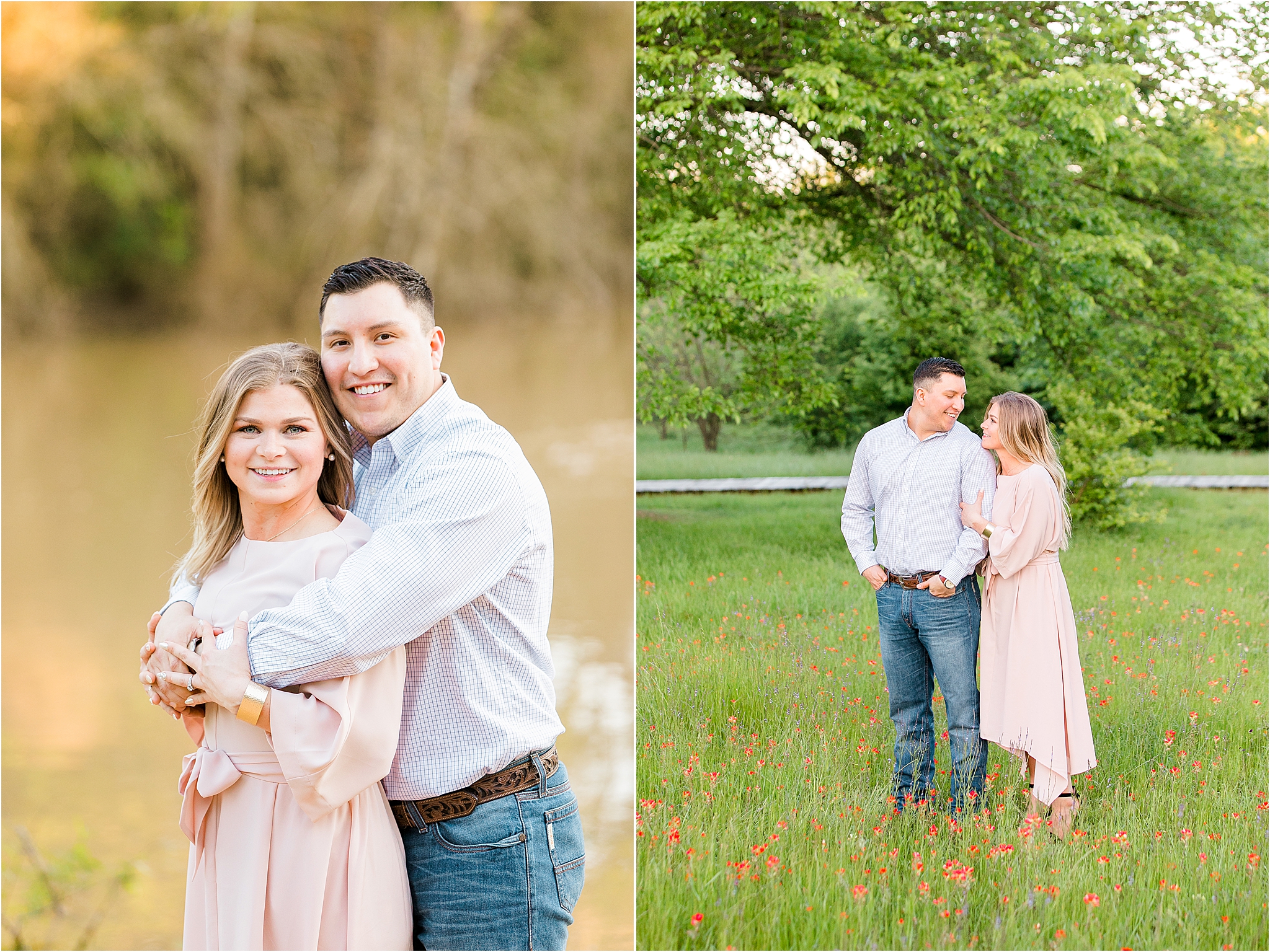 A young couple smiling and looking at each other during their spring engagement session on a sunny day near Fort Worth.