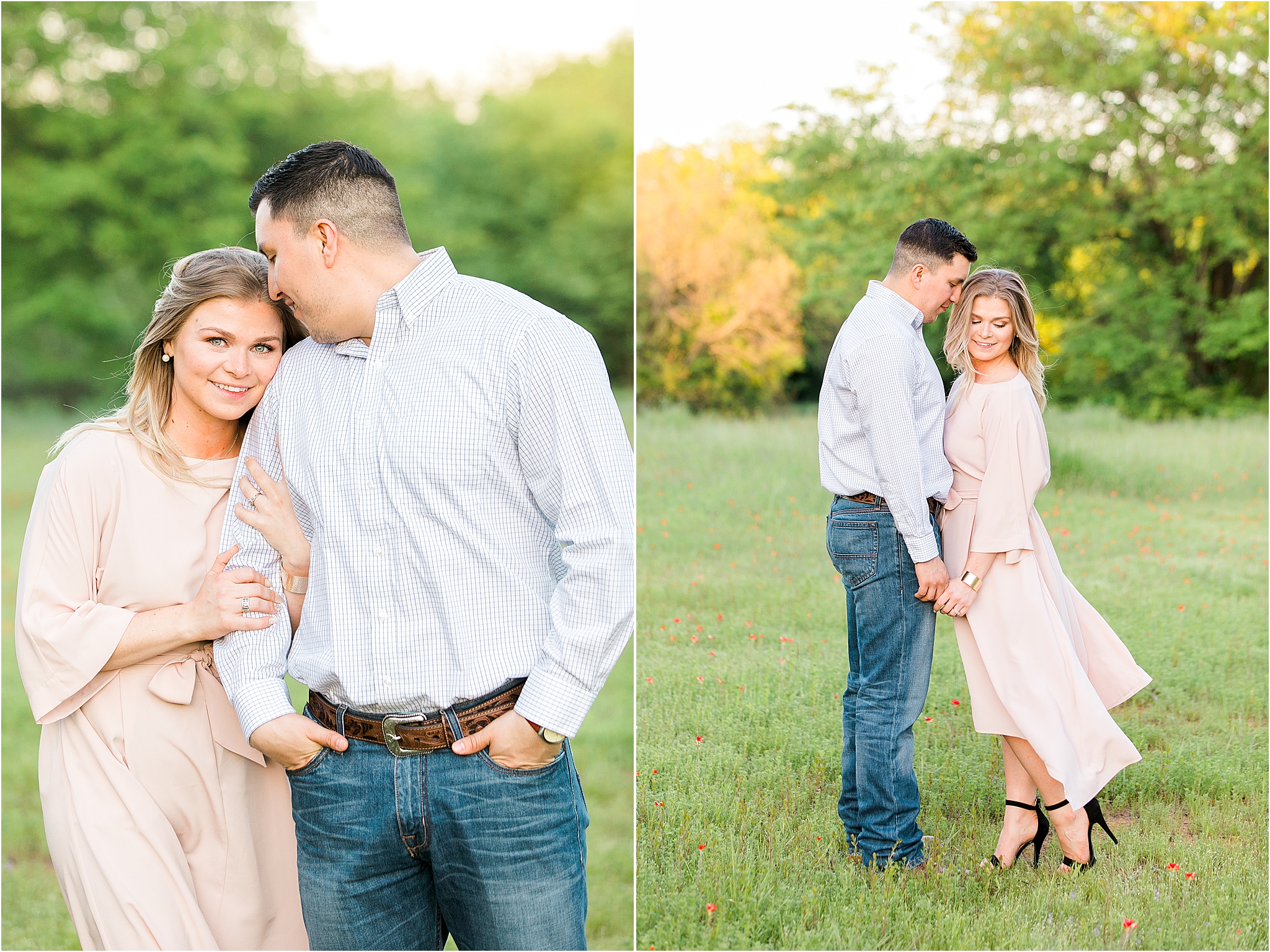A couple posing in a field near Fort Worth on a Sunny Day for their engagement photography for their Classic Oaks Wedding