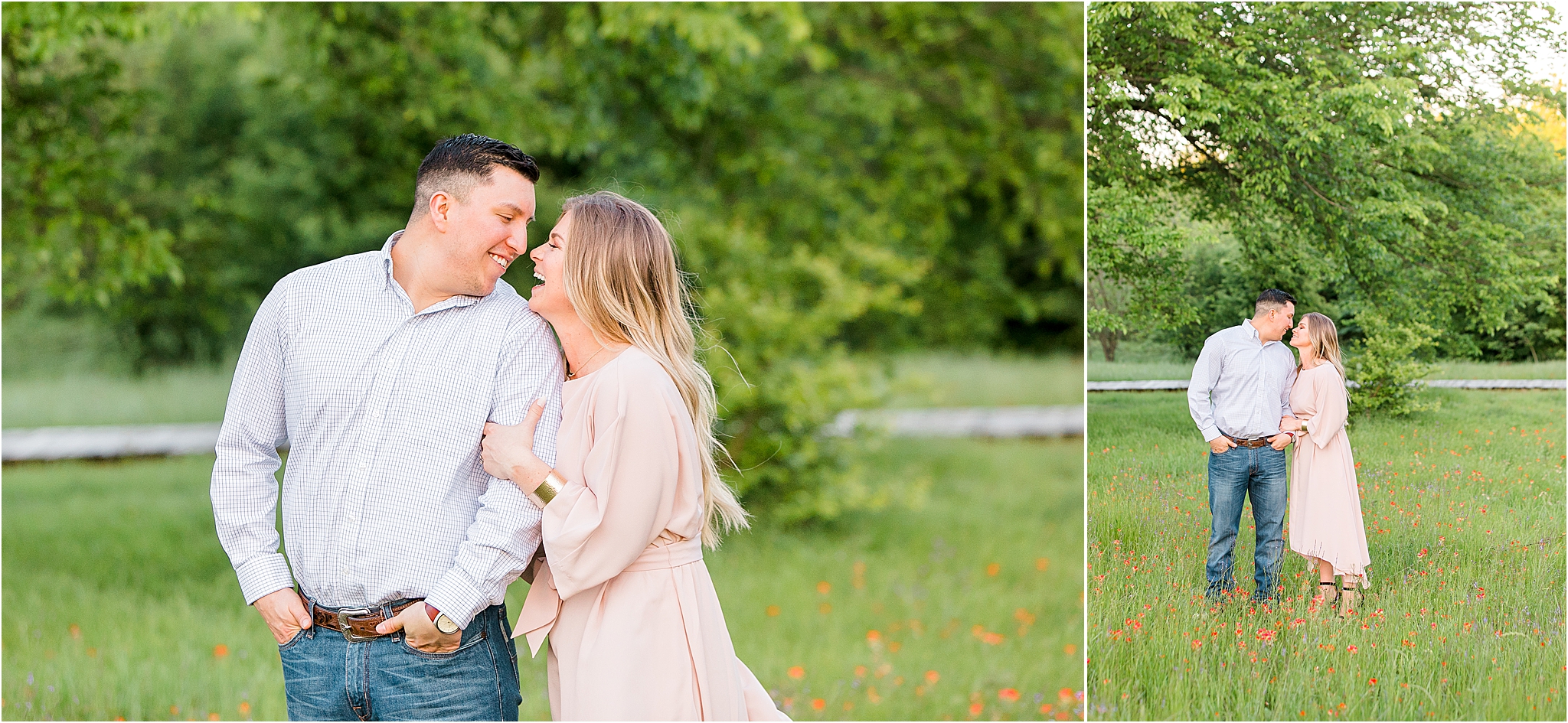 An engaged couple looking at each other nose to nose in green field surrounded by trees for their Fort Worth Engagement Session 