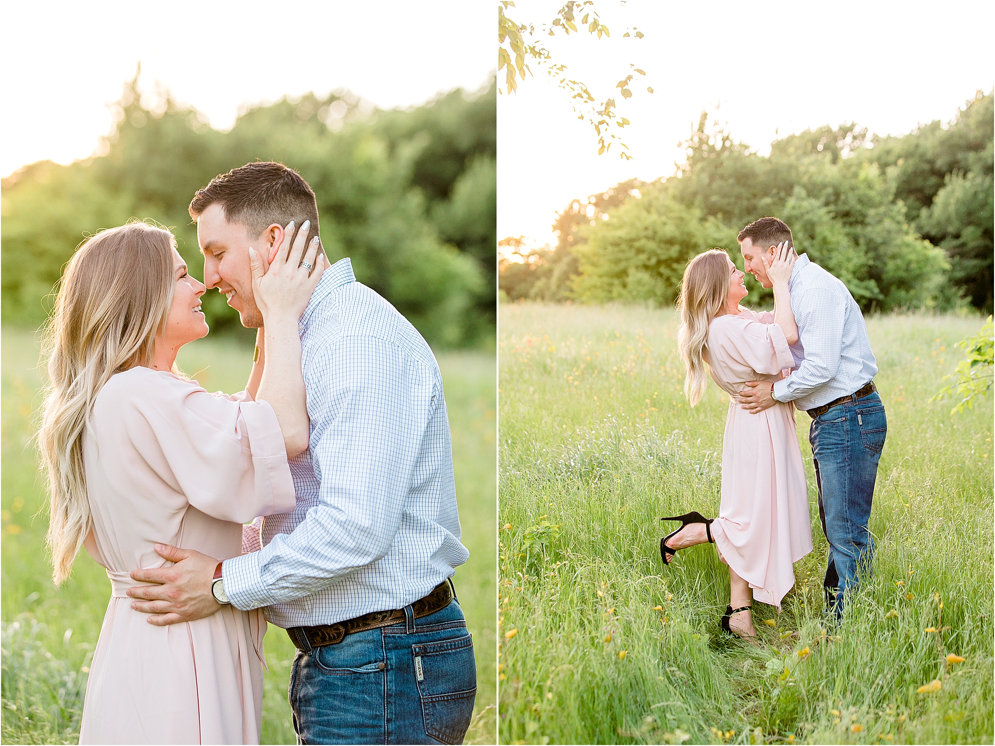 A young man dips back his fiance in a lush field with flowers near Fort Worth, Texas 