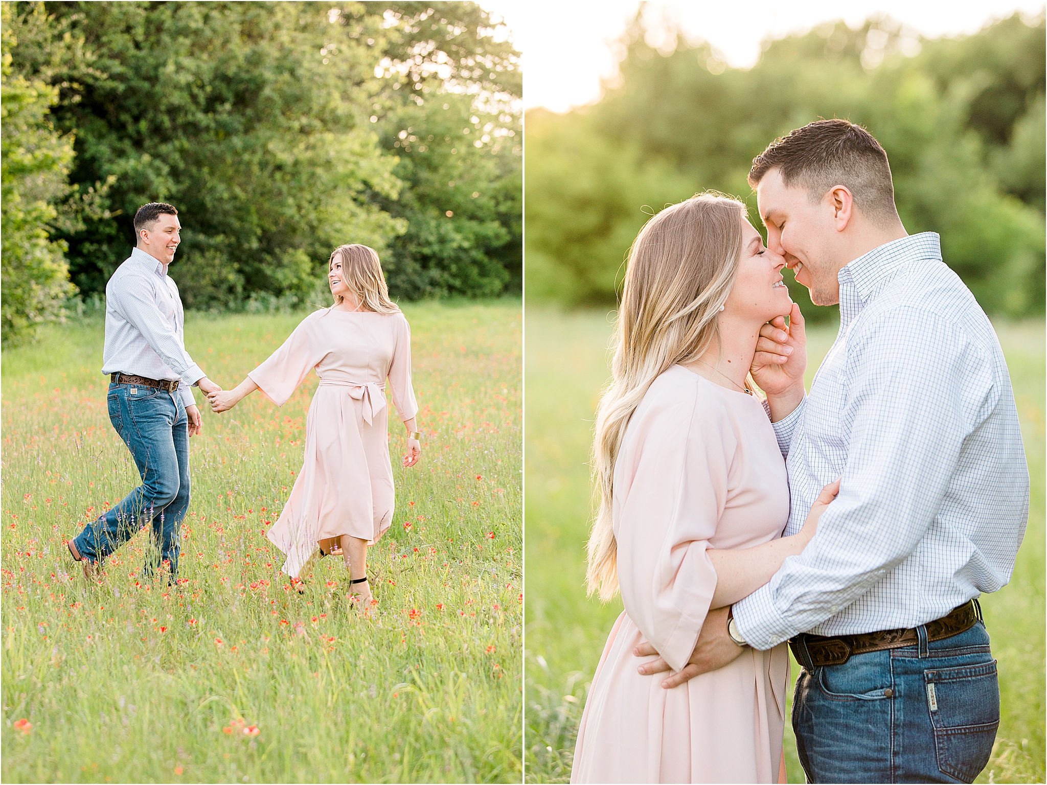 A young man brings in his bride to be close with his hand under her chin at sunset in a lush field near Fort Worth, Texas 