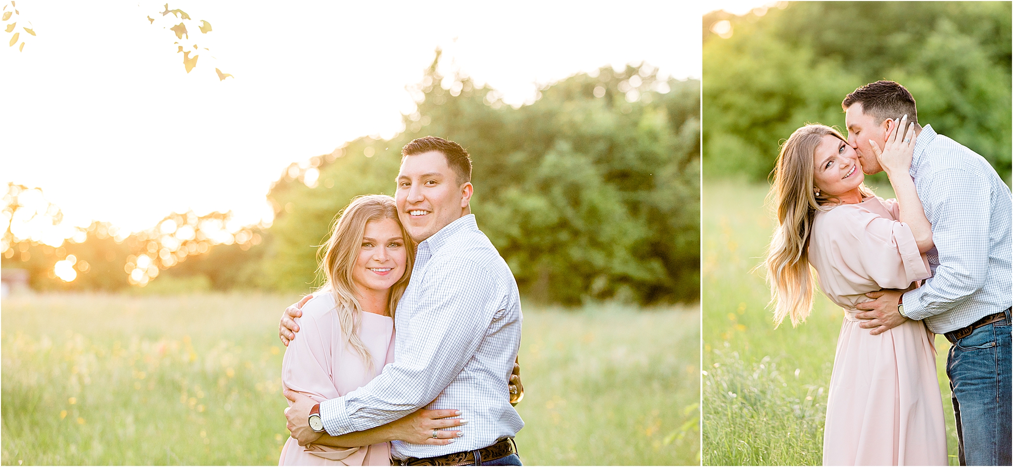 A fiance with dark hair kisses his blonde bride to be on the cheek in a lush green field with flowers while the sun sets in Fort Worth, Texas