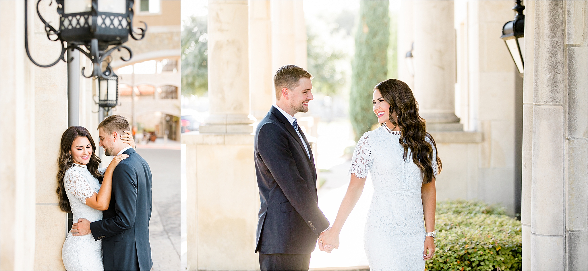 A beautiful bride to be in a lace dress holds her fiance's hand and smiles back at him in McKinney, Texas 