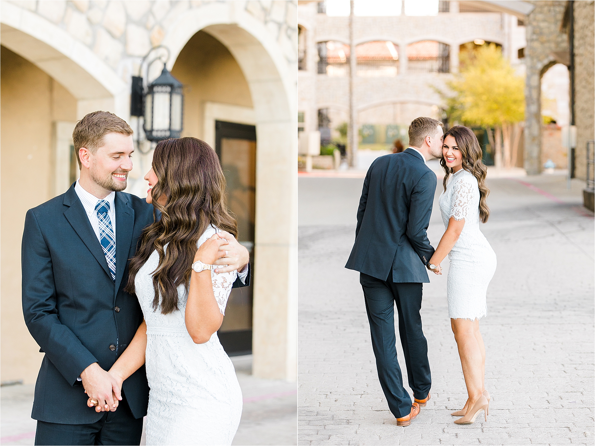 A groom kisses his bride to be on the cheek while she smiles back at the camera during their engagement session at adriatica village in McKinney, Texas