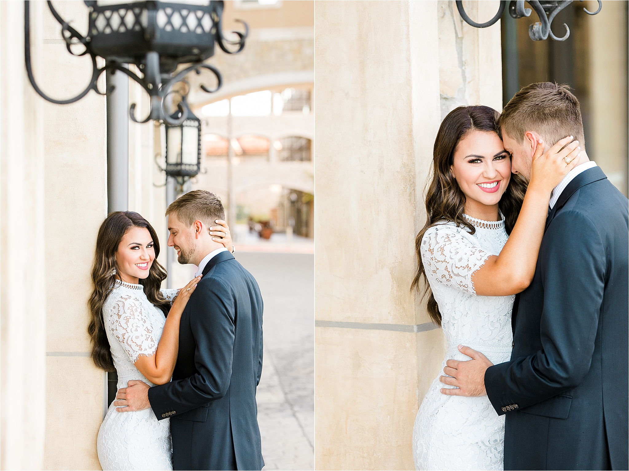 A bride to be with long, brown wavy hair pulls her fiance in close and smiles at the camera on the streets of adriatica village in McKinney, Texas by Dallas Engagement Photographer Jillian Hogan 