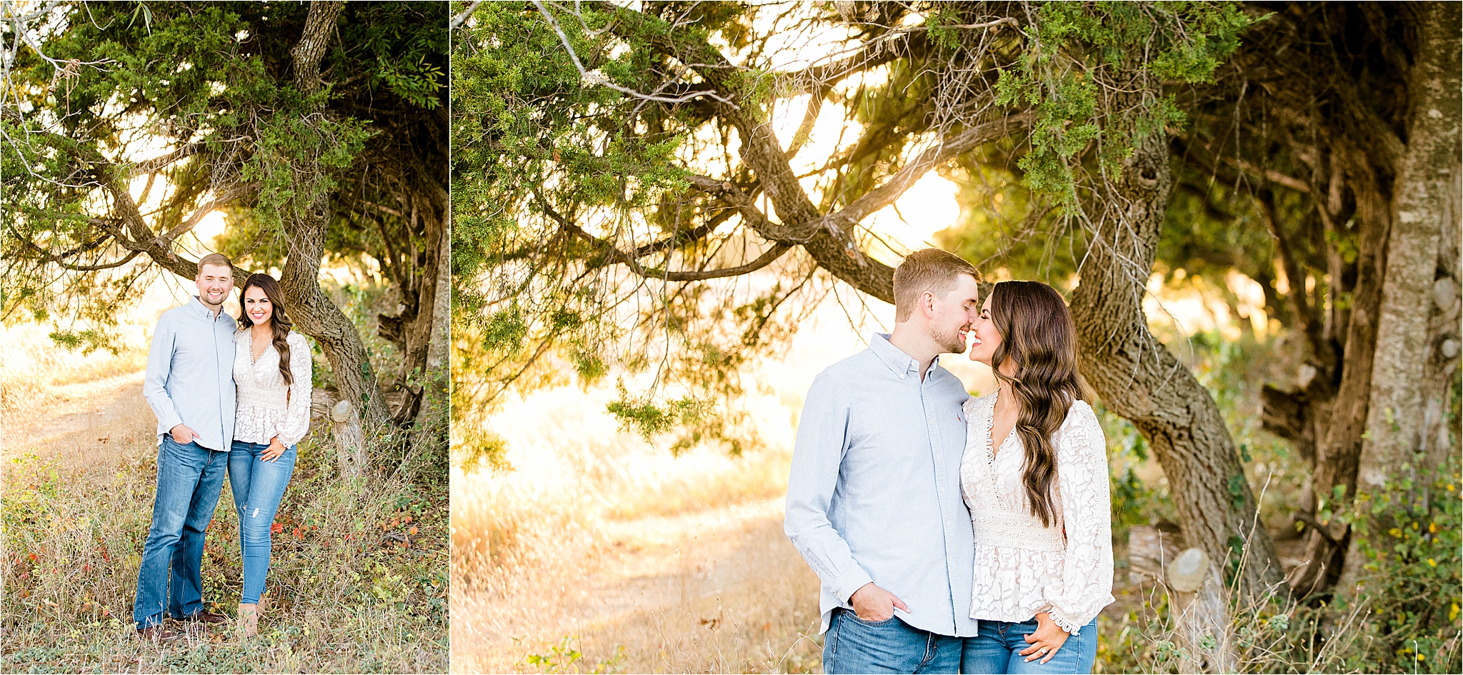 An engaged couple smiles almost nose to nose in a golden field with trees behind them in McKinney, Texas 
