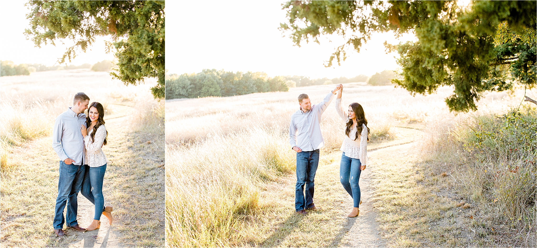 A couple dancing in a field and spinning during their sunny, outdoor engagement session in McKinney, Texas 