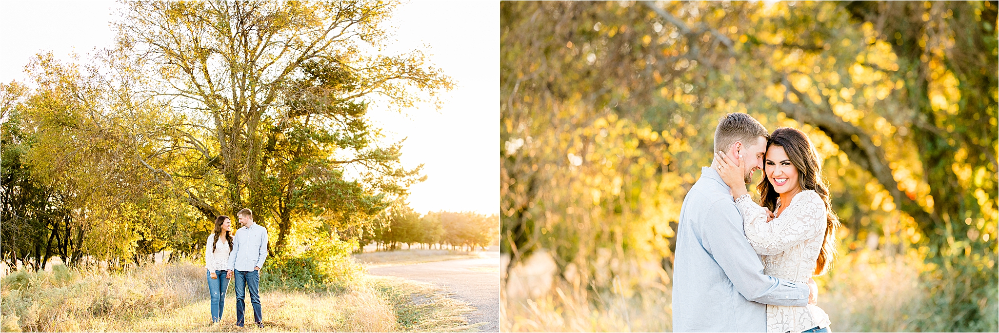 An engaged couple embraces in a golden field at sunset for their Fall Engagement Session in McKinney, Texas