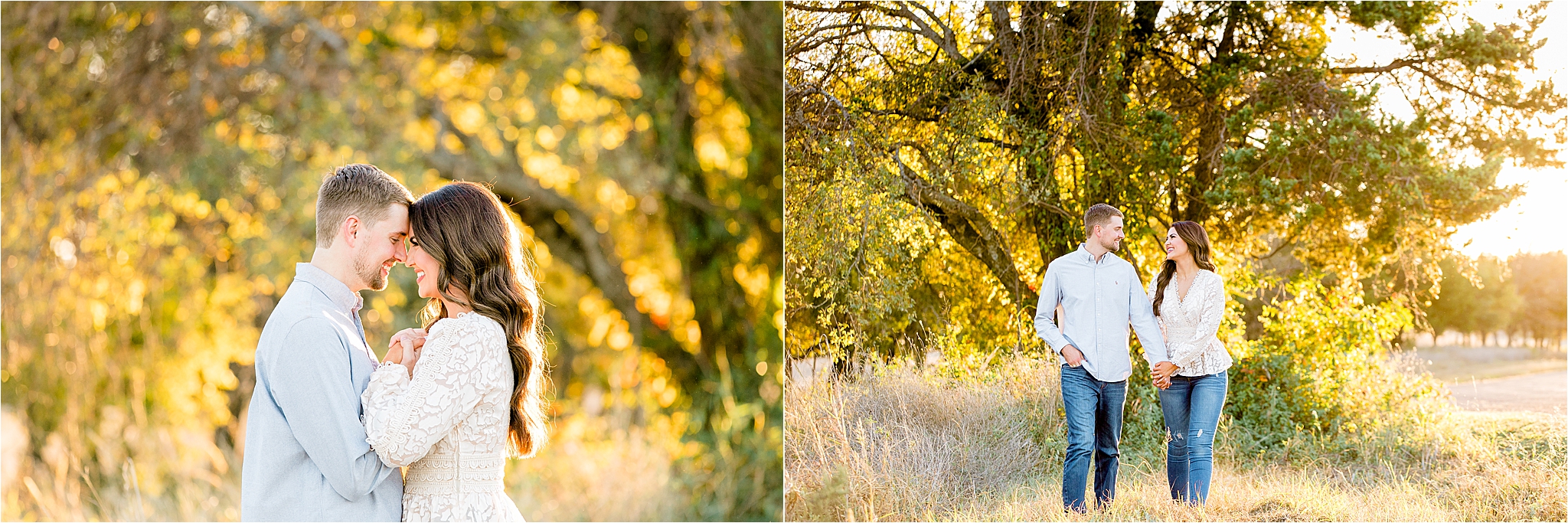 A couple laughs and embraces in a field in McKinney, Texas during their fall, sunset engagement session in McKinney, Texas
