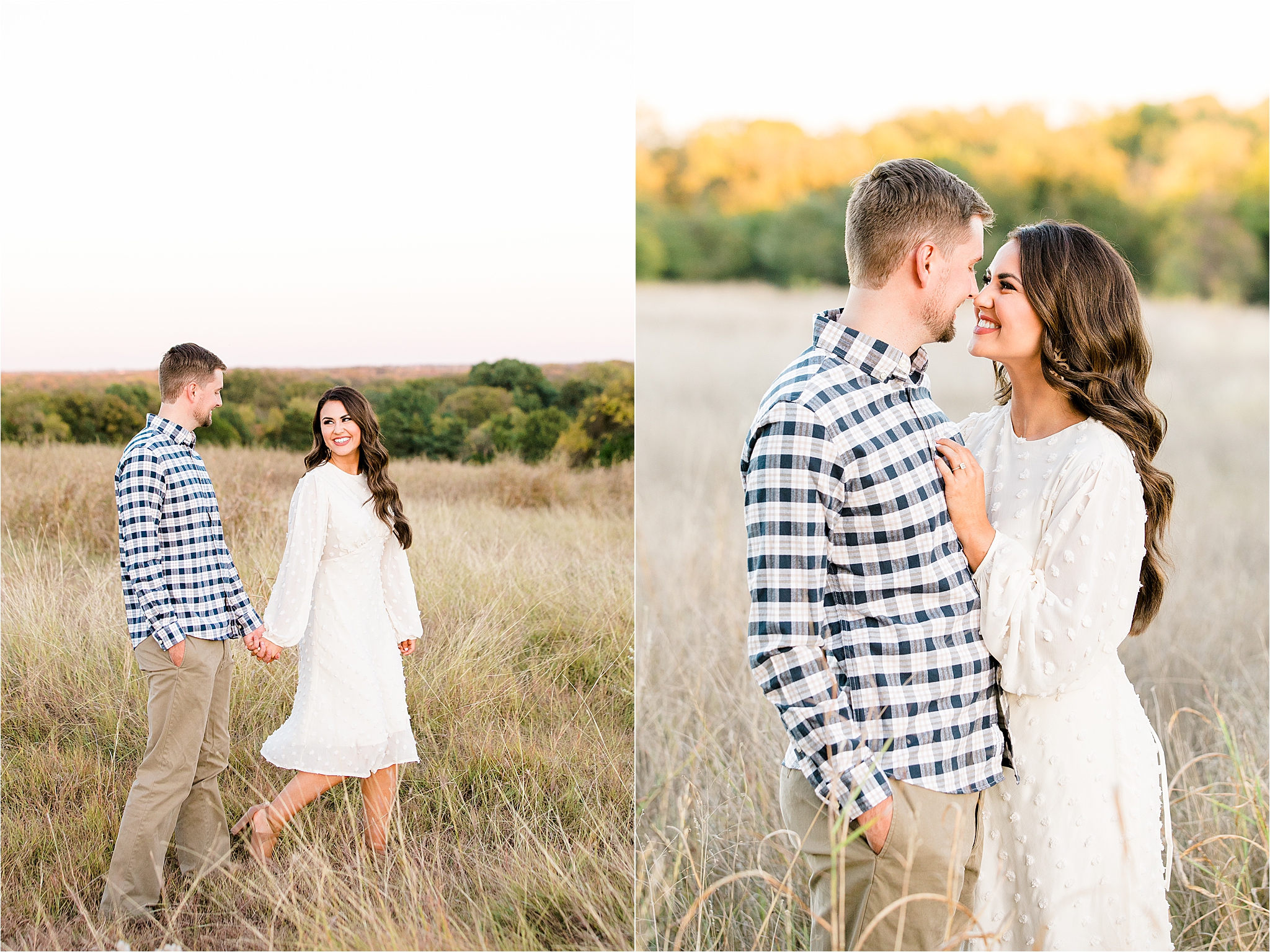 A couple in neutral clothing embraces at sunset for their fall mckinney, Texas engagement session 