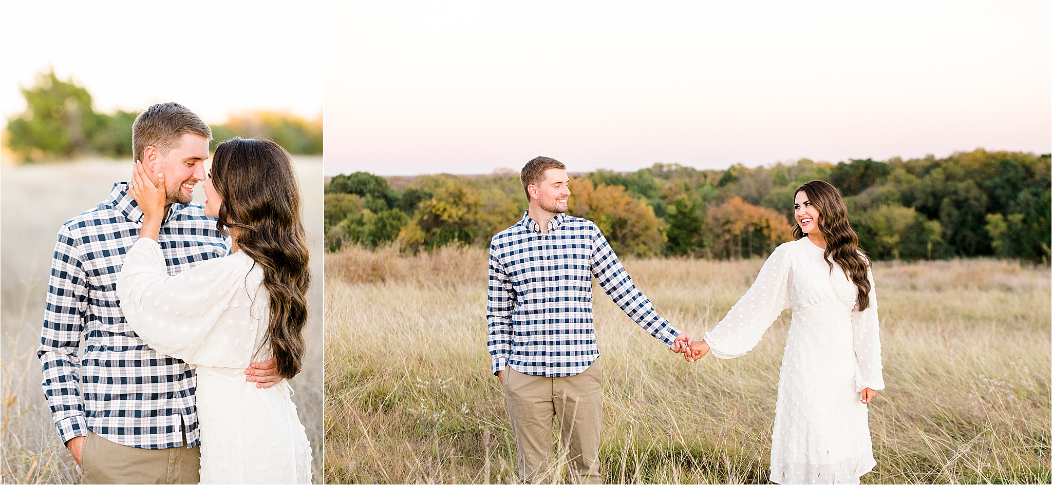 An engaged couple in an ivory lace dress and a blue plaid shirt hold hands in a field during a colorful sunset