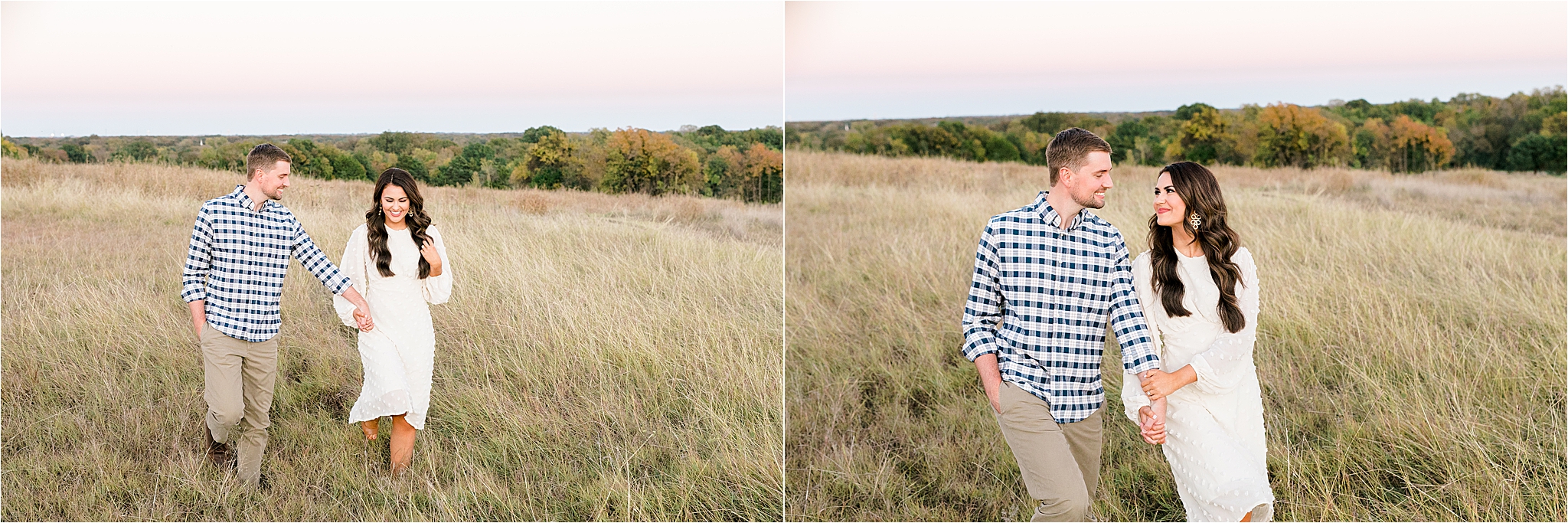 An engaged couple runs through a field at sunset during their sunset engagement session in Dallas, Texas 