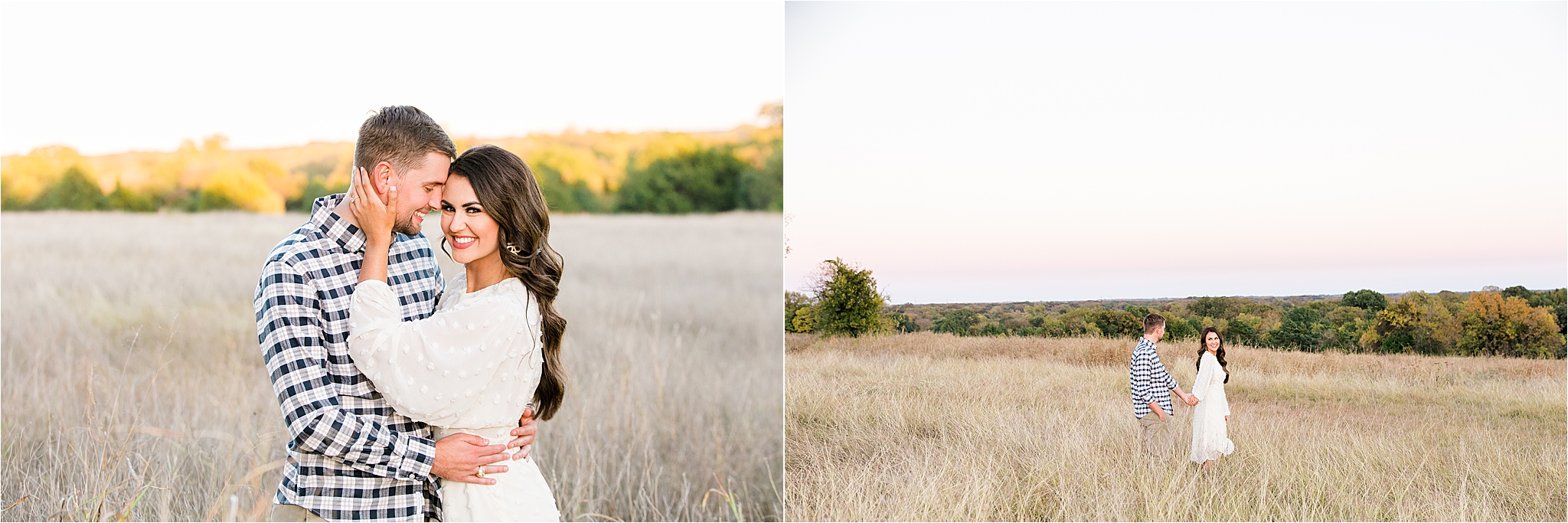 A beautiful bride to be in an ivory lace dress embraces her fiance during their field engagement session in McKinney, Texas 