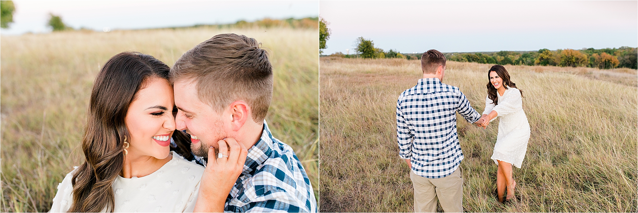 A couple smiles and crinkles their noes together in a field with a colorful sunset during their engagement session in McKinney, Texas. 