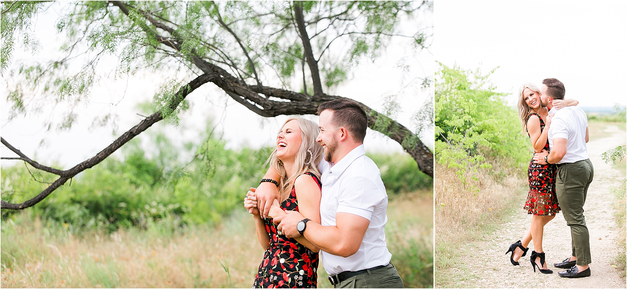 A couple busts out in laughter while hugging under a tree at Tandy Hills Nature Preserve in Fort Worth, Texas 