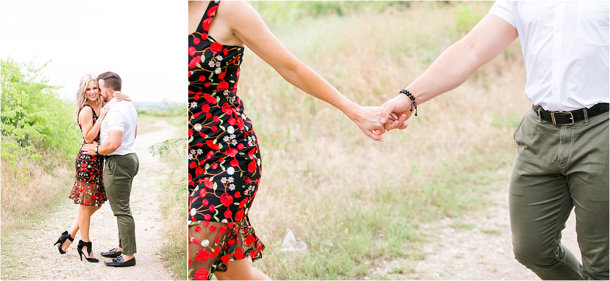 A bride to be pulls her groom's hand along during their fort worth engagement session at Tandy Hills 