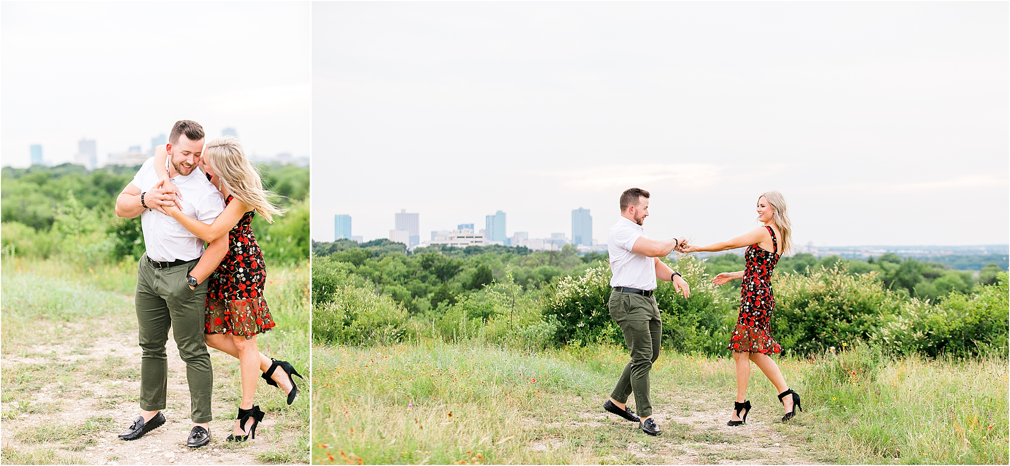 A couple dances at Tandy Hills nature preserve with the fort worth skyline in the background during their engagement session 