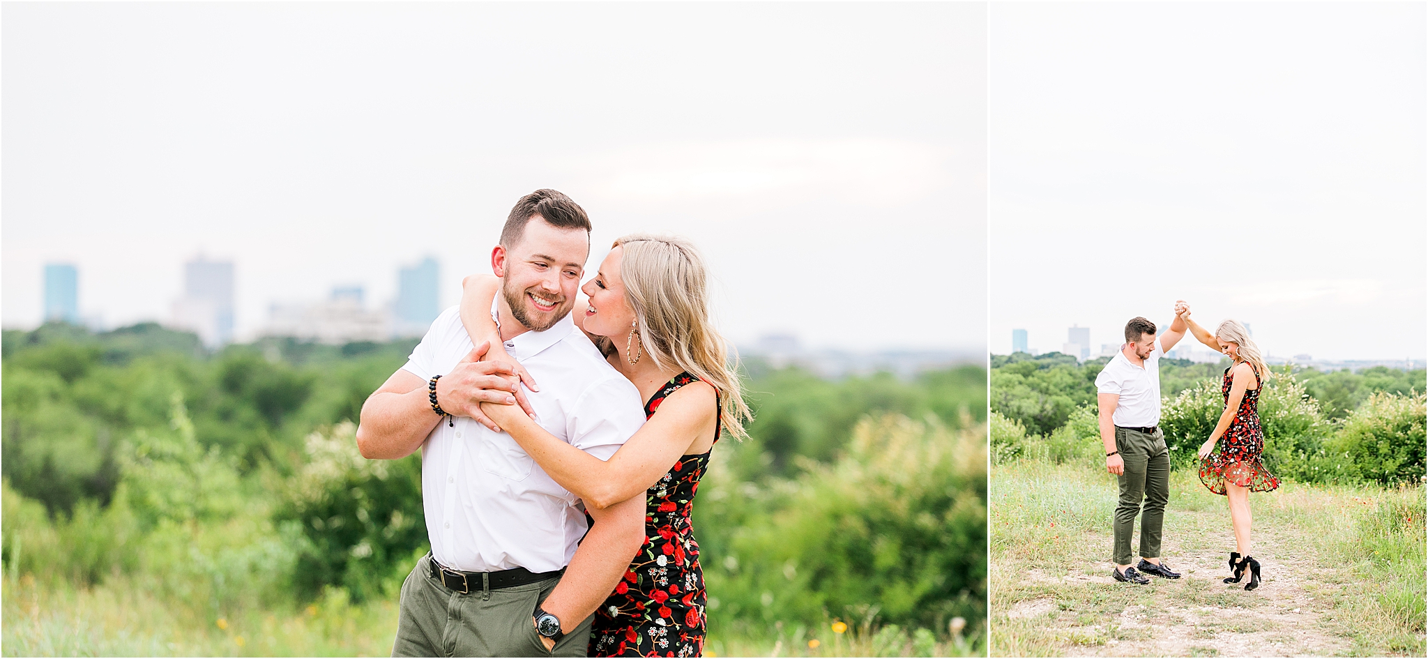 A couple laughs and dances on a spring day at Tandy Hills Nature Preserve with the Fort Worth skyline as the backdrop during their DFW engagement 