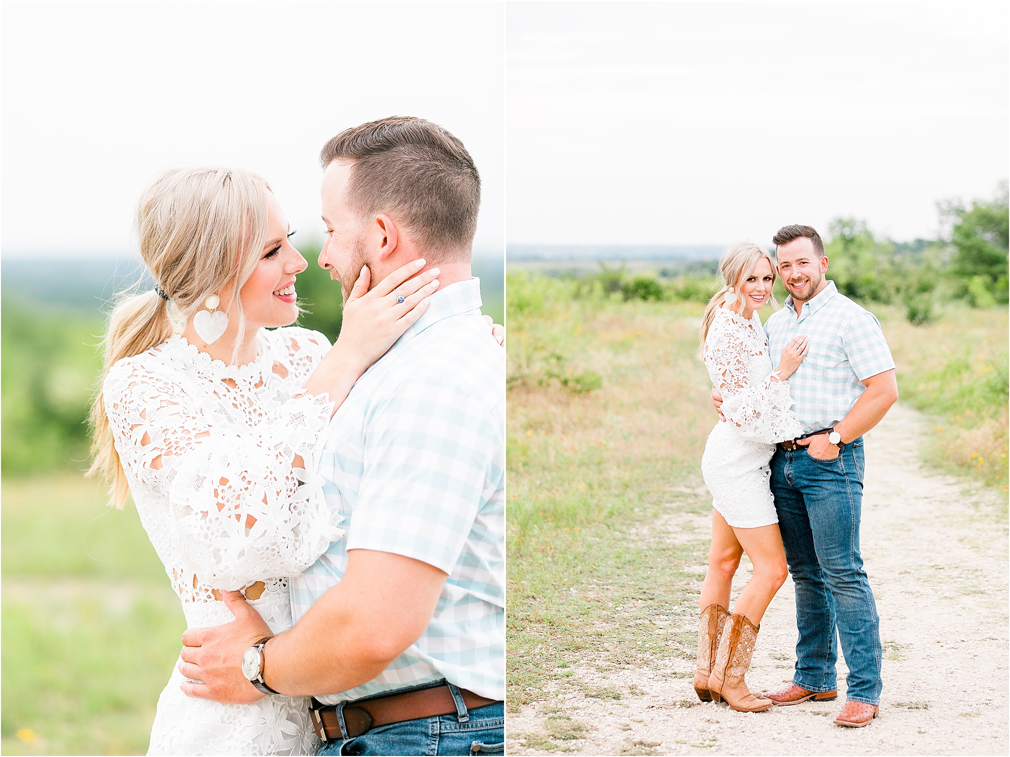 A couple looks at each other nose to nose and embraces during their engagement session by Fort Worth Wedding Photographer Jillian Hogan 