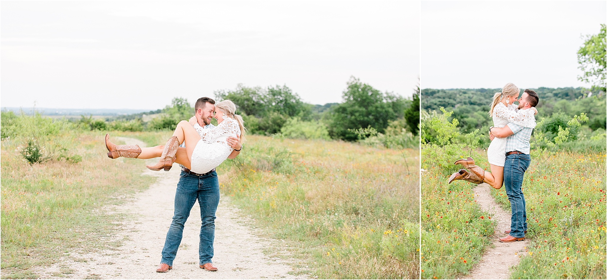 A bride to be is scooped up by her fiance and laughs during their fort worth engagement session 