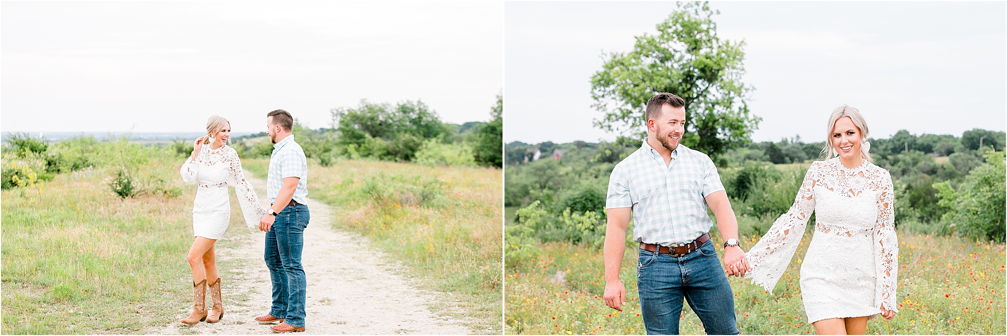 A dallas bride in a white lace dress holds hands with her fiance on the nature trails with greenery all around them at Tandy Hills Nature Preserve in Fort Worth, Texas during their engagement session 