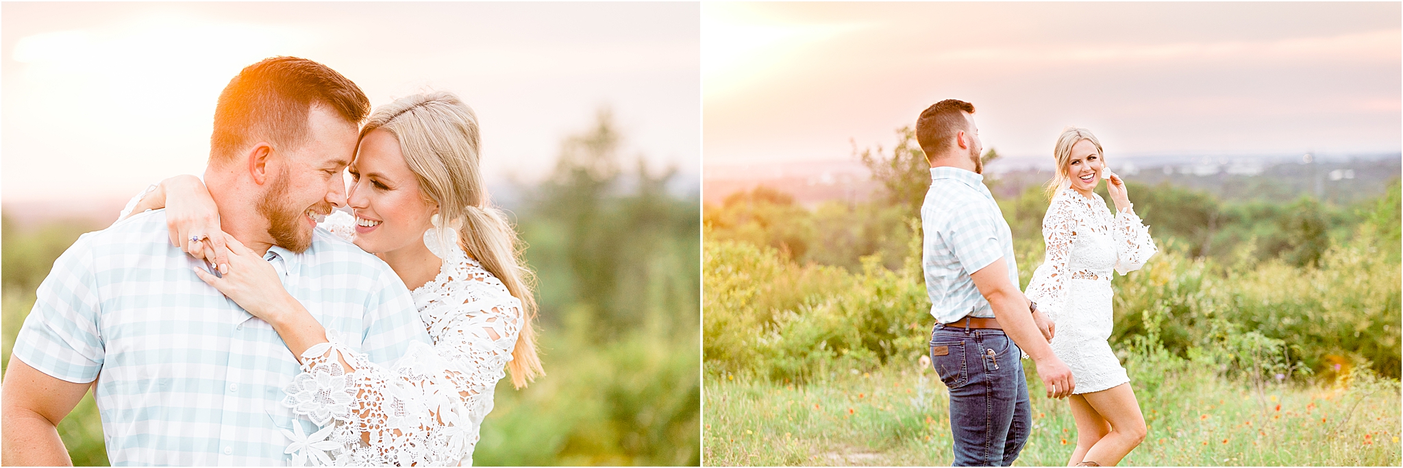 A couple embraces in front of a colorful sunset at nature preserve with lots of greenery in Fort Worth, Texas during their engagement 