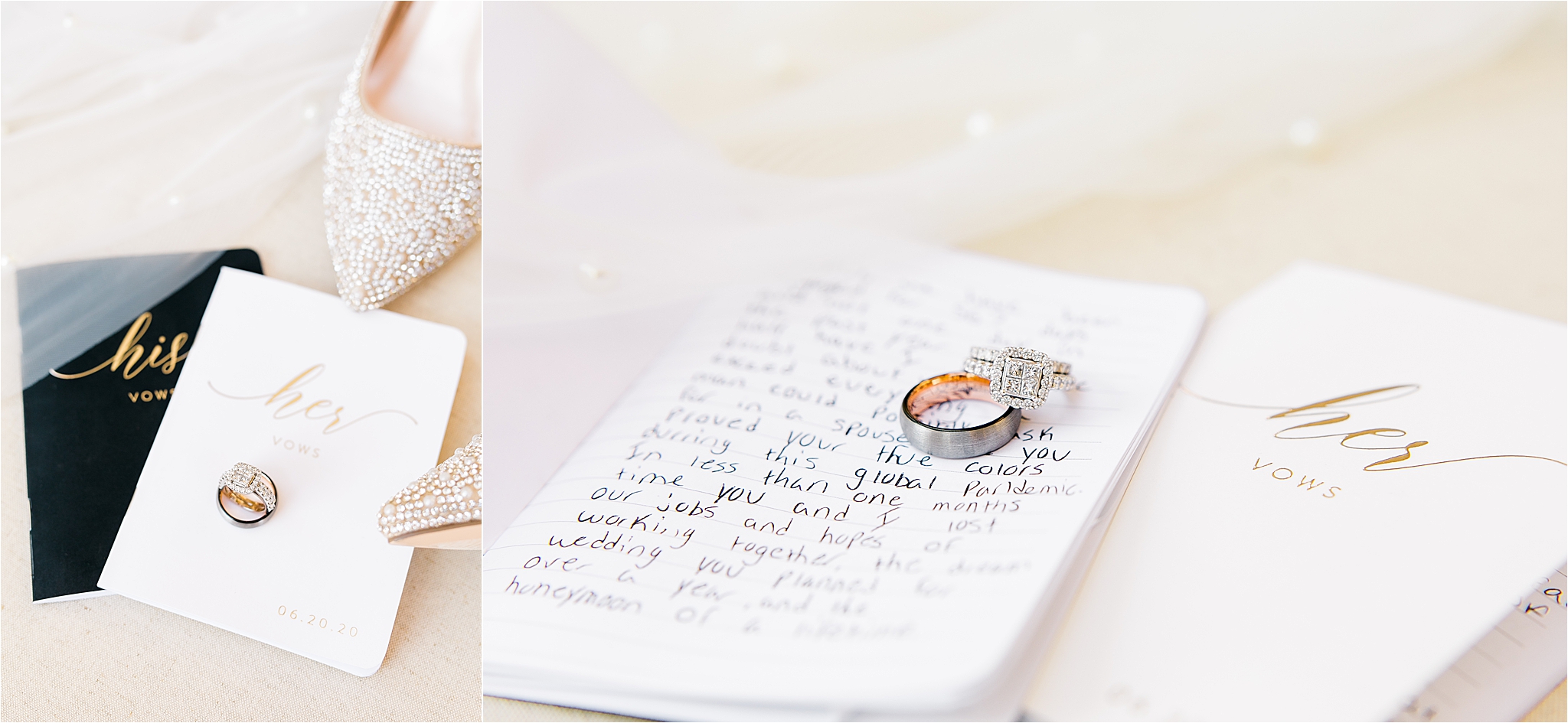 Custom Wedding vow books and the wedding rings on top of personally written wedding vows in Plano, Texas