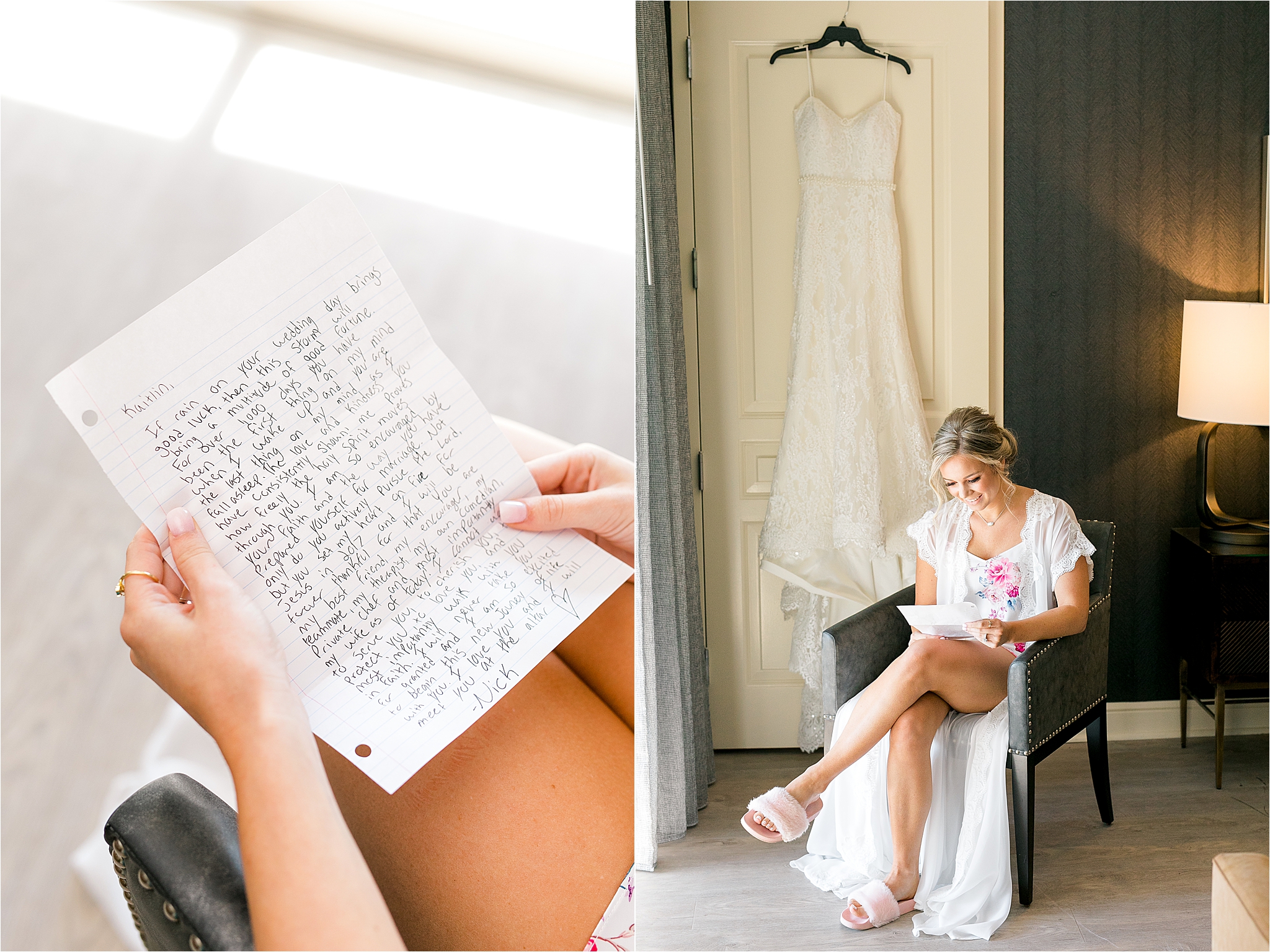 A bride in her wedding robe reads a letter from her husband to be at Marriott Legacy in Plano, Texas