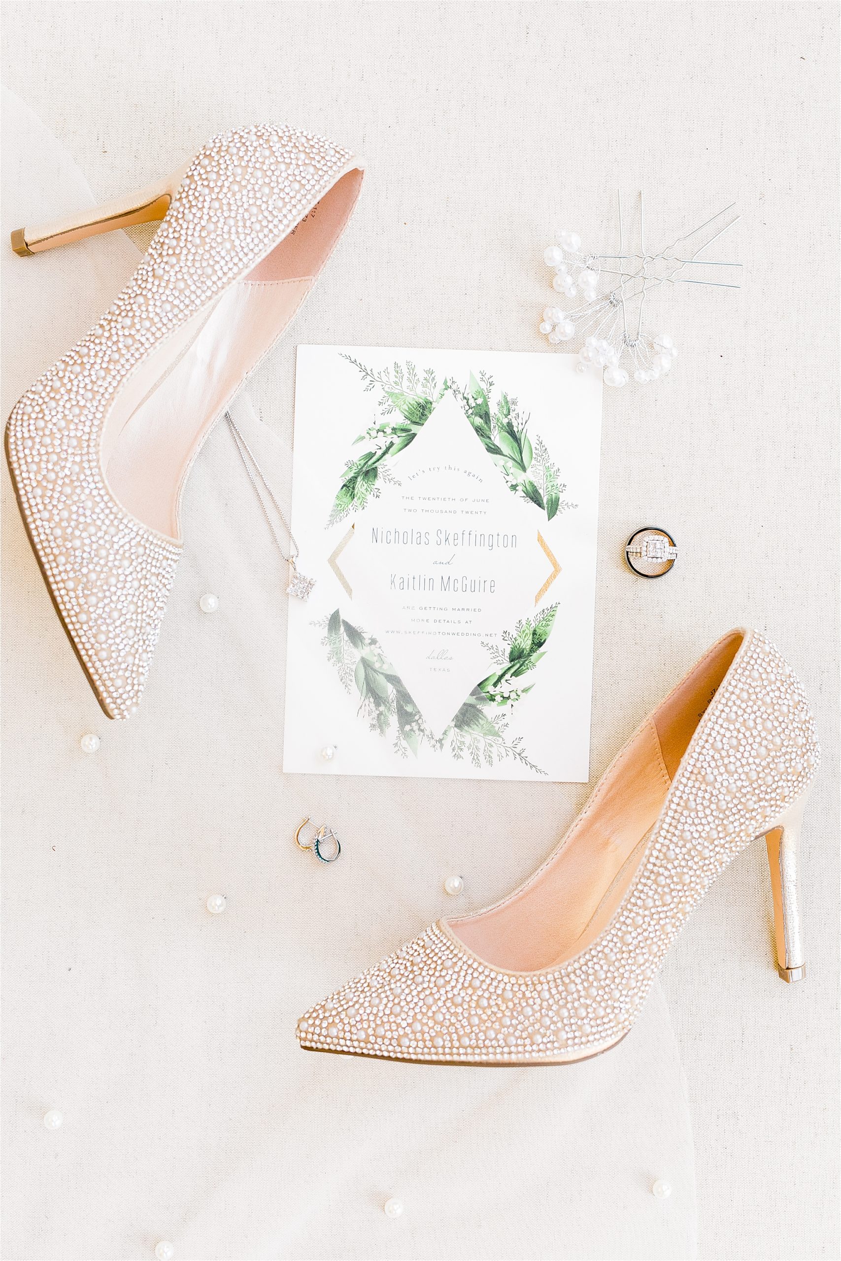 Neutral Wedding Details including the shoes, Invitation, rings and jewelry 