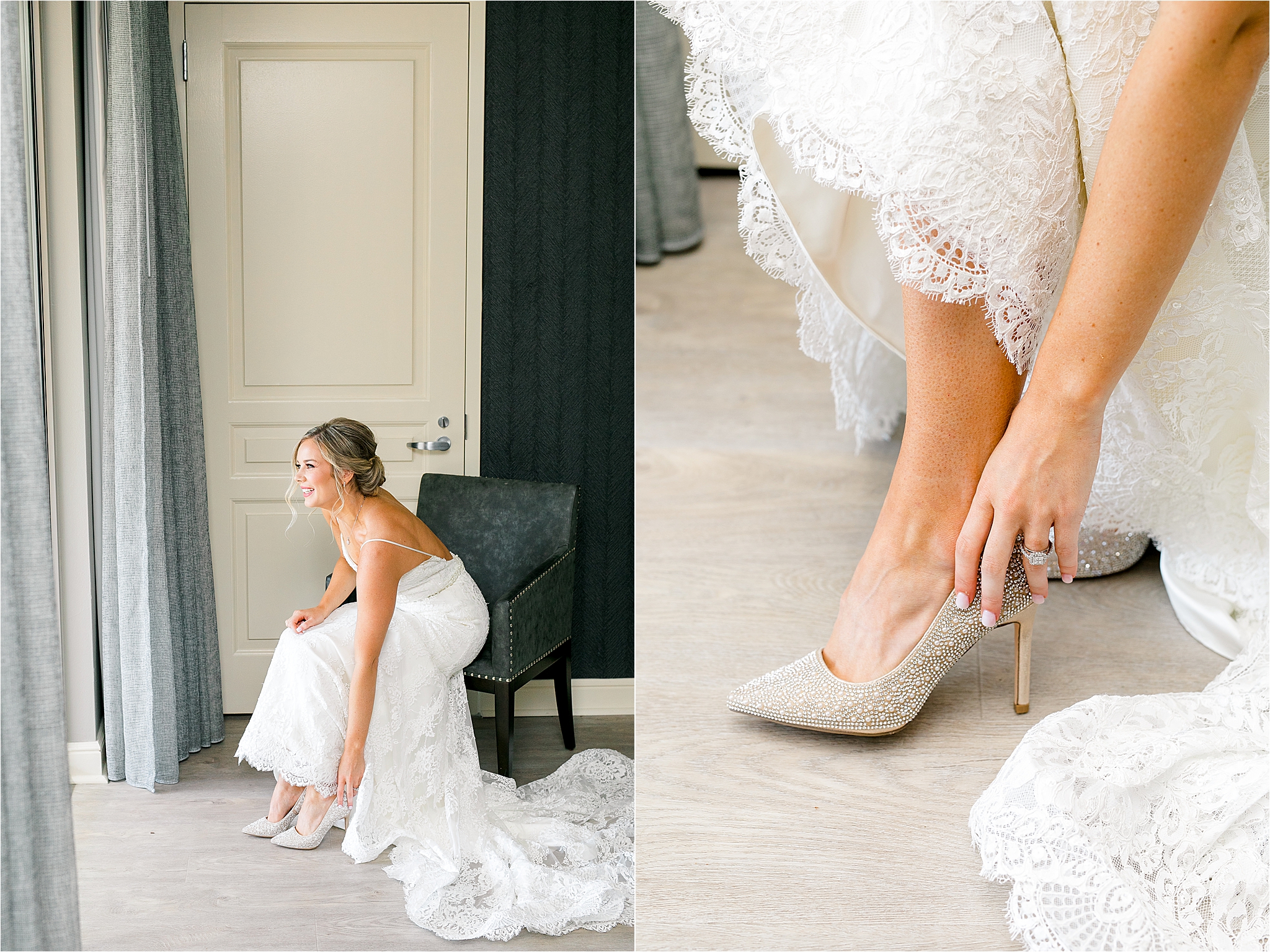 A happy bride reaches down to put on her sparkly wedding shoes for her prestonwood chapel wedding 