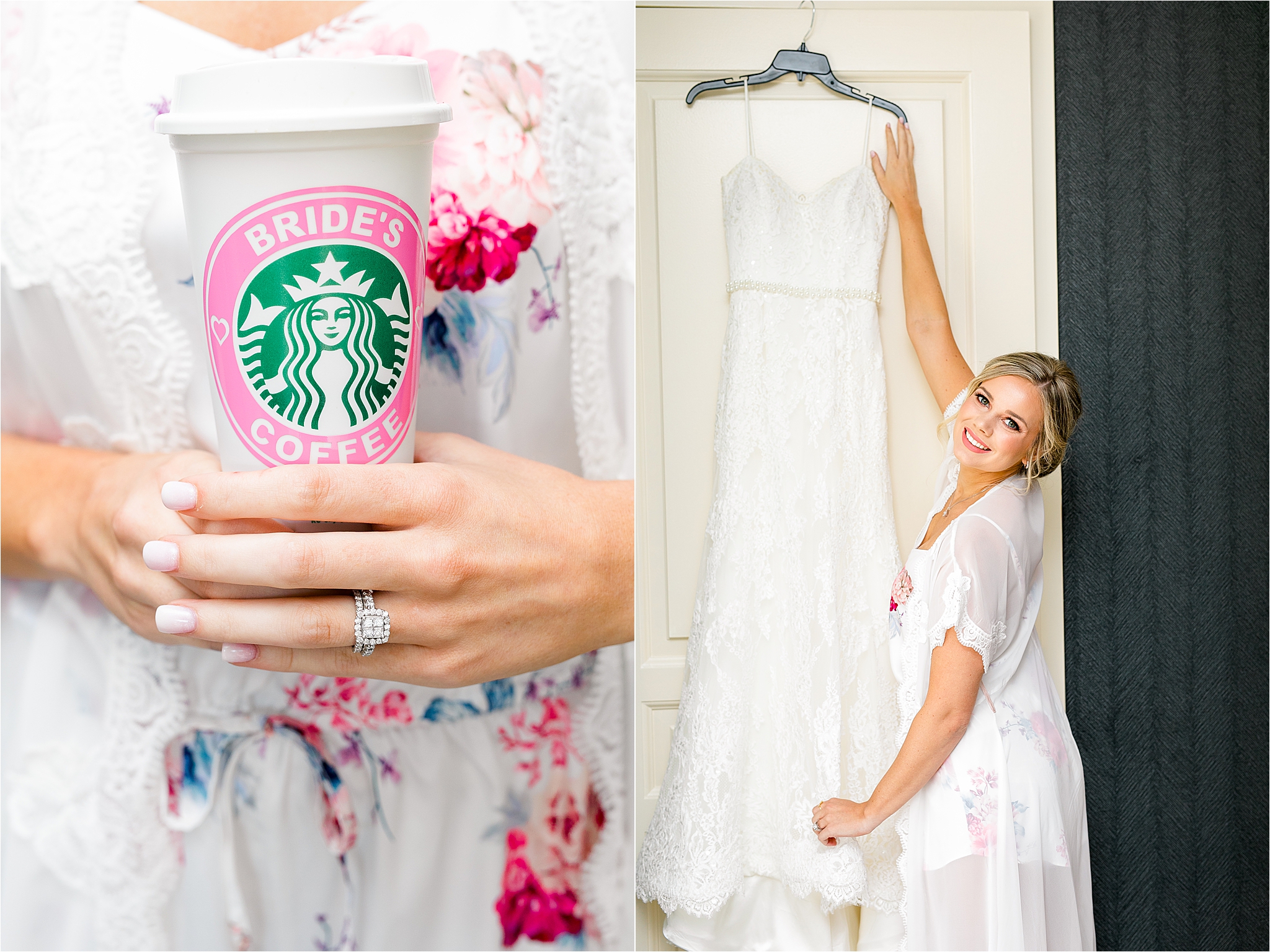 A bride poses in front of her dress at Marriott Legacy Plano and holds her custom starbucks coffee cup for brides