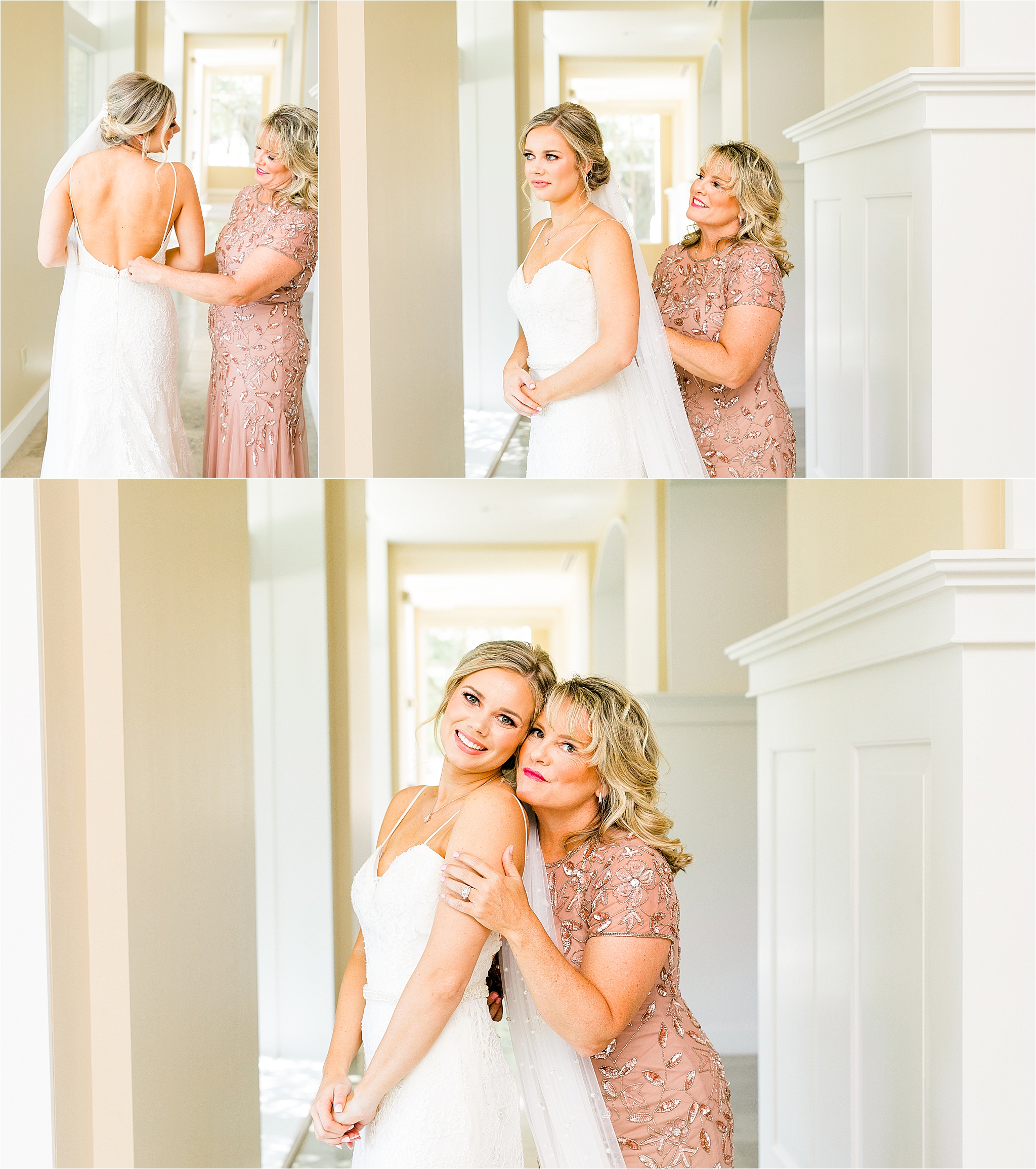 A mother of the bride helps her daughter put on her wedding dress and hugs her moments before she walks down he aisle for her prestonwood bapist church wedding in Plano, Texas 