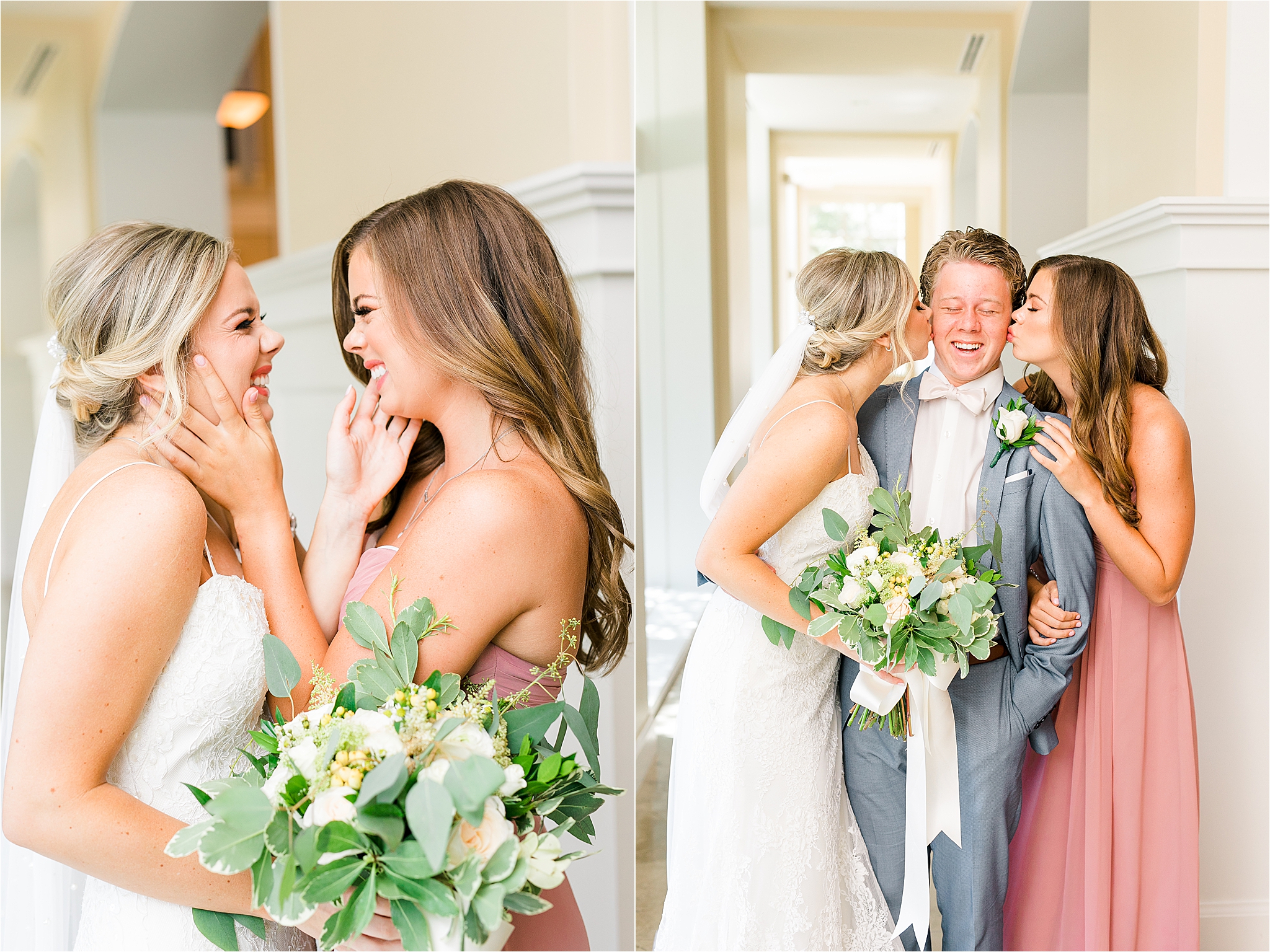 A bride and her sister grab each other by the cheeks laughing at their dallas wedding at Prestonwood Chapel 