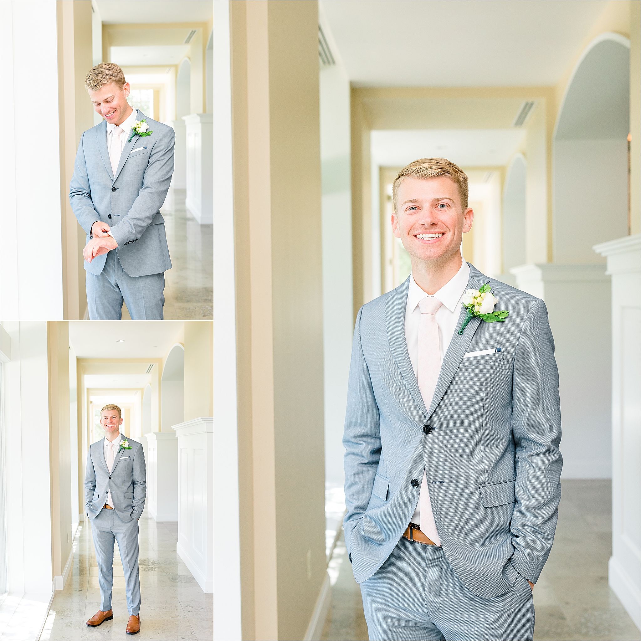 A groom in a grey suit getting ready and adjusting his cuffs during his wedding day in Dallas, Texas 
