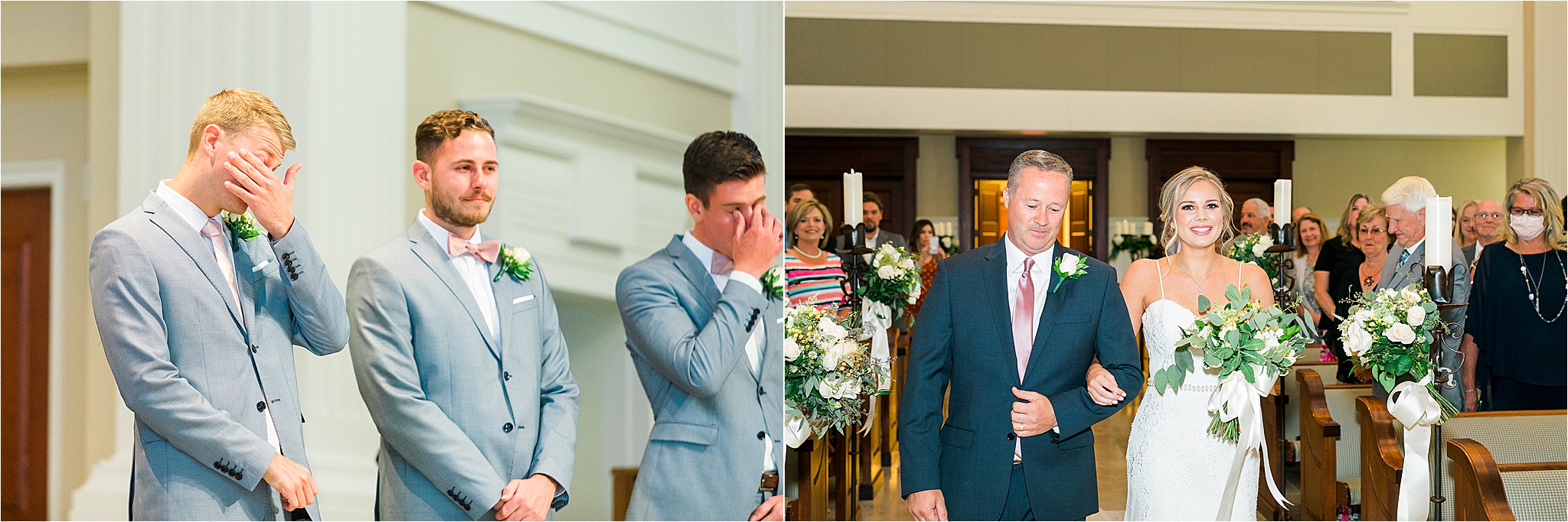  A groom wipes his tears as his bride walks down the aisle for their Dallas, Texas Wedding Ceremony