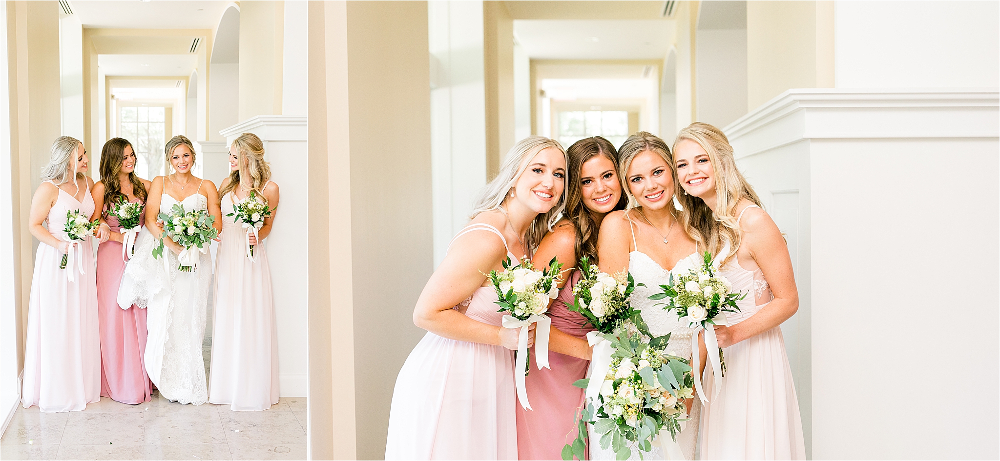 A bride and her bridesmaids pose check to cheek in various pink dresses with beautiful flowers at Prestonwood Chapel in Plano, Texas 