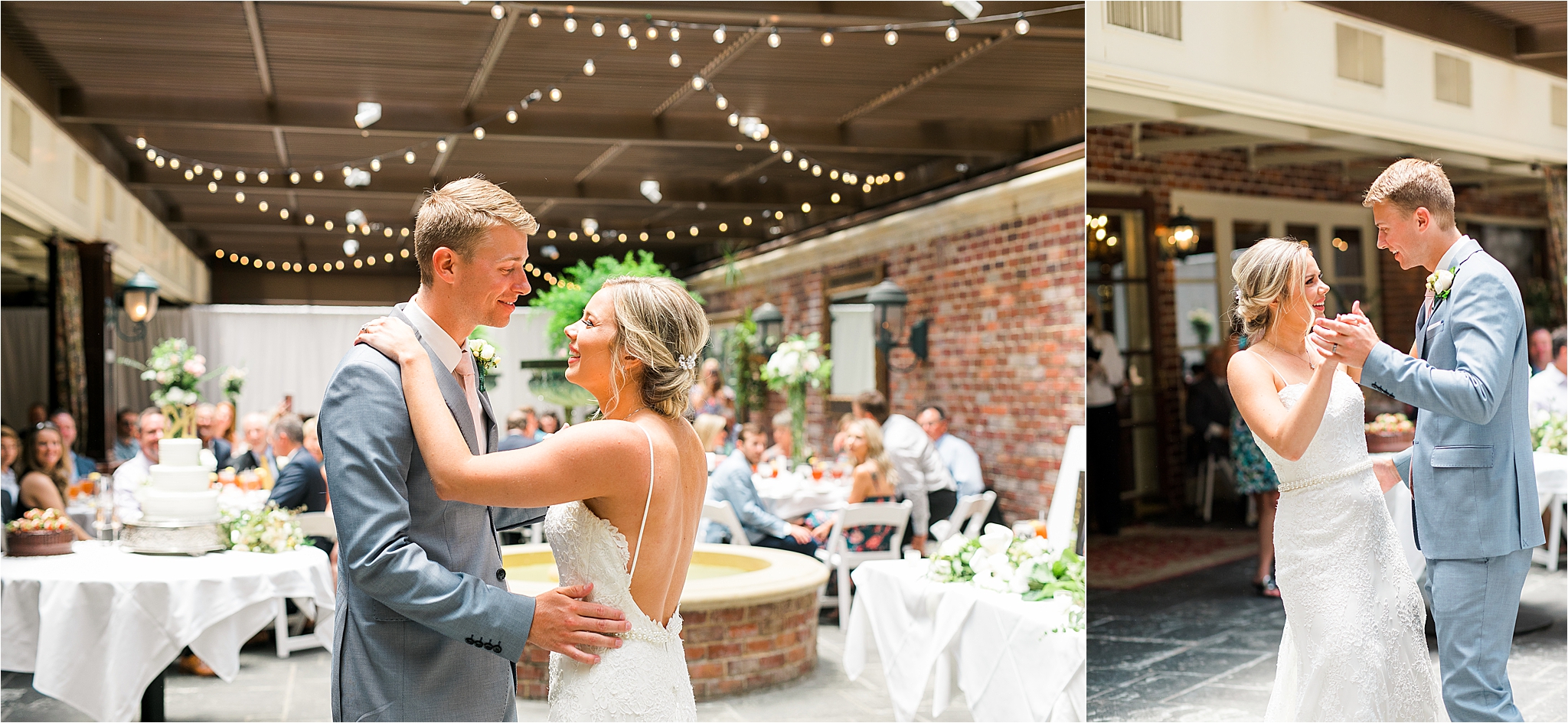 A newly married couple shares their first dance as husband and wife in their garden reception at III Forks Dallas 