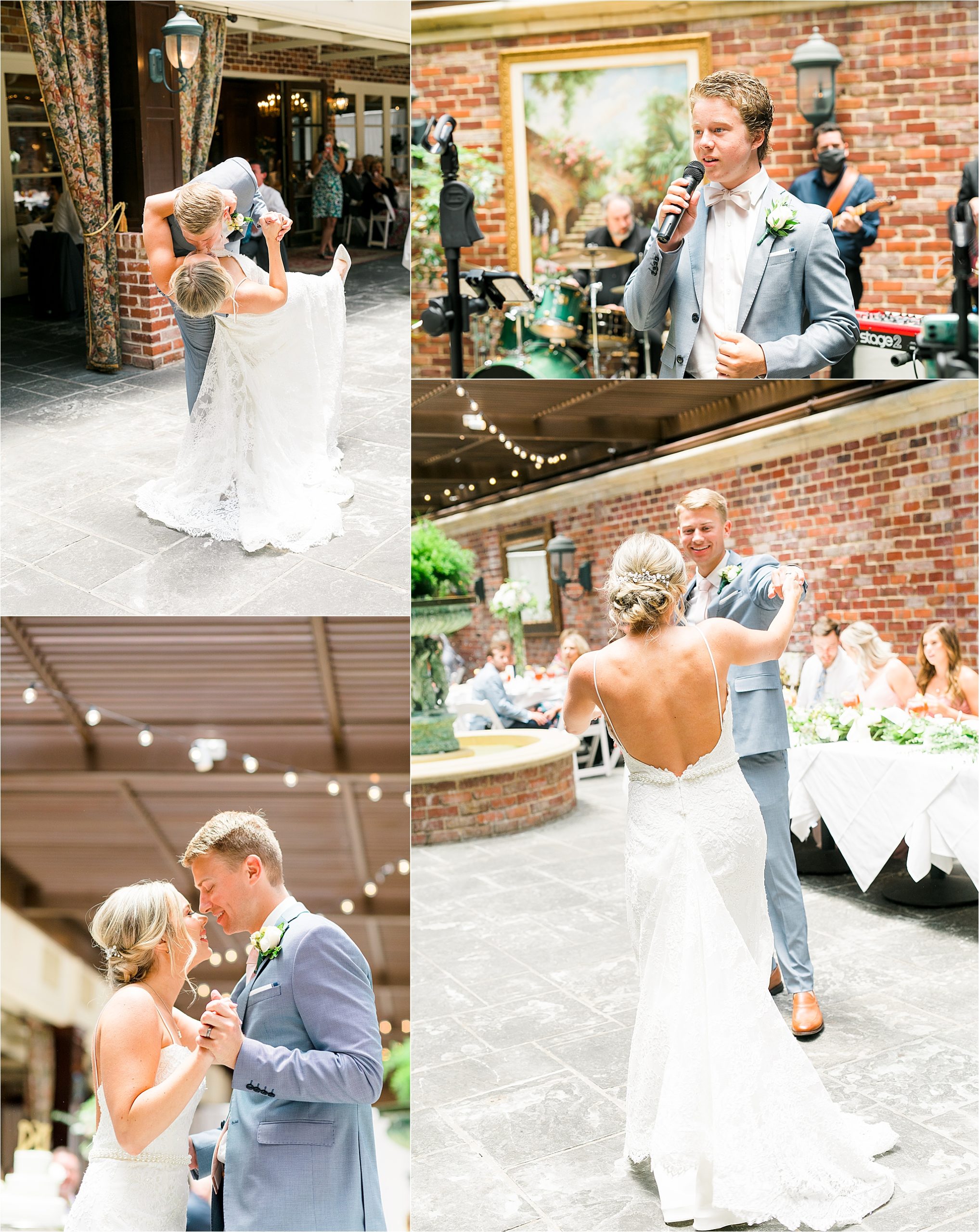 A newly married couple shares their first dance as husband and wife while a groomsman sings at their garden reception at III Forks Dallas 