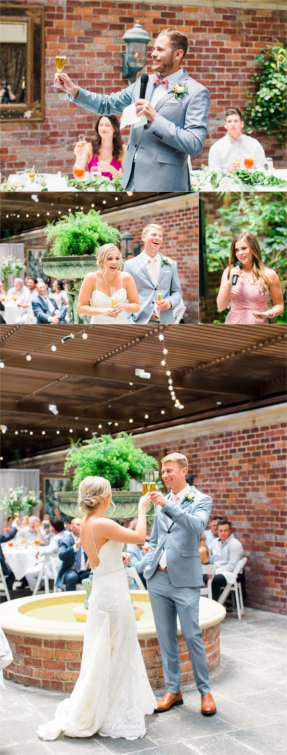 A bridal party share cheers during at a garden reception at III Forks in Dallas, Texas 
