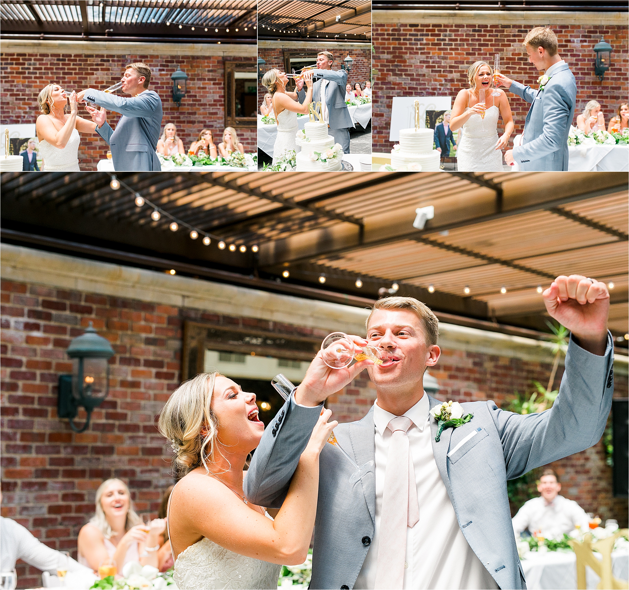 A couple shares Champagne at their classic, garden Dallas wedding reception at III Forks