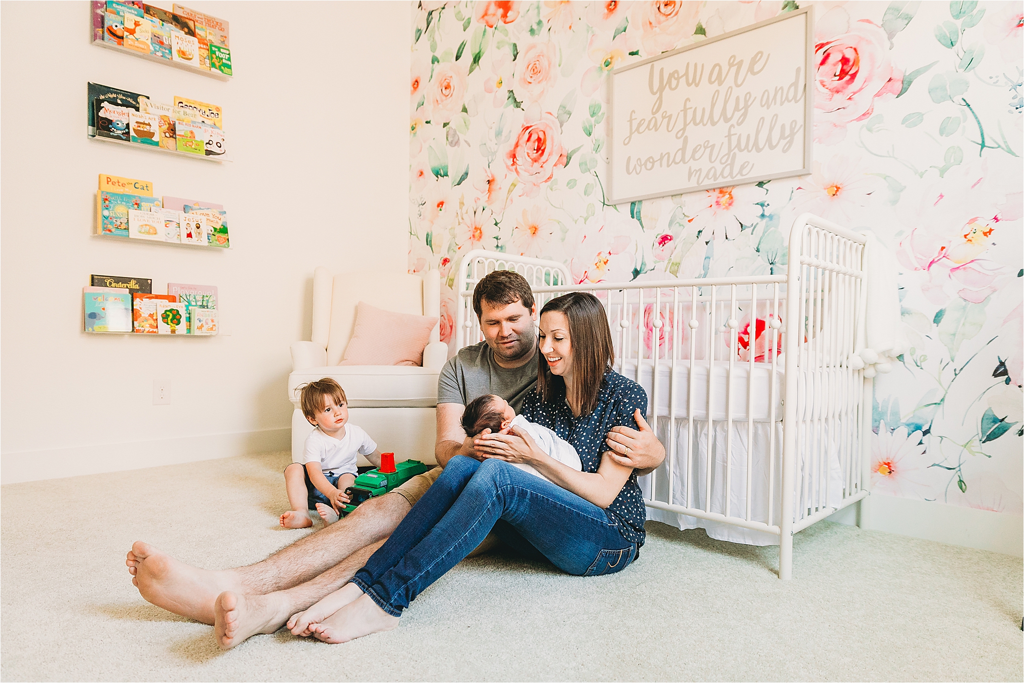 In home newborn lifestyle session in a beautiful floral nursery by Dallas Lifestyle Photographer Jillian Hogan 