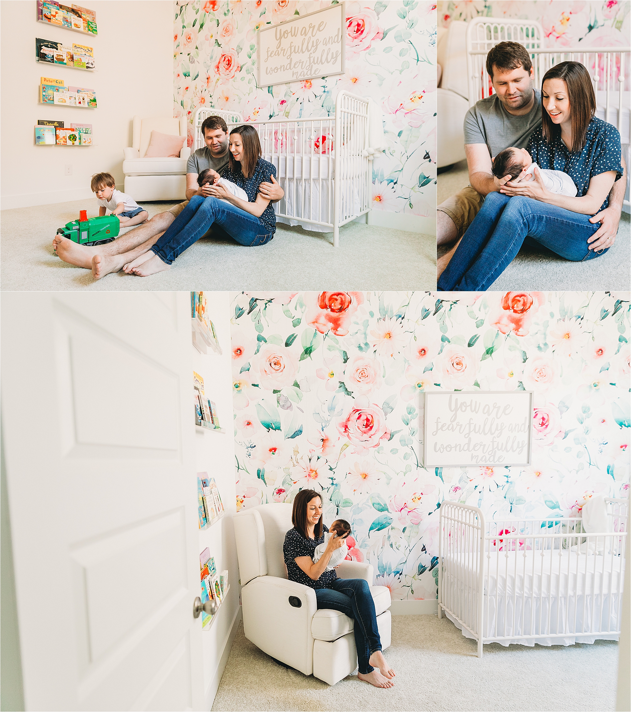 McKinney In home lifestyle newborn with a newborn baby girl in a beautiful bright, floral nursery