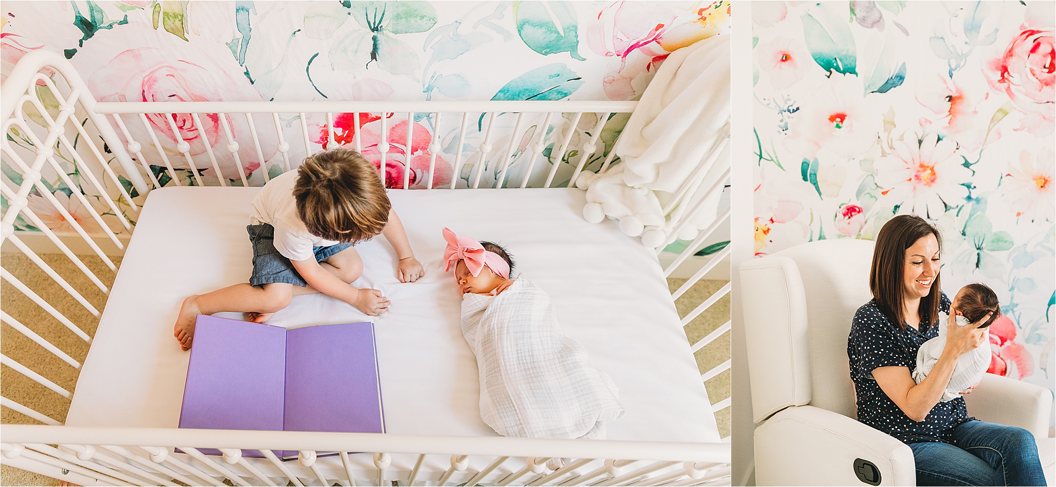 Big brother cuddles his little sister in her crib during an in home lifestyle newborn session in McKinney, Texas 
