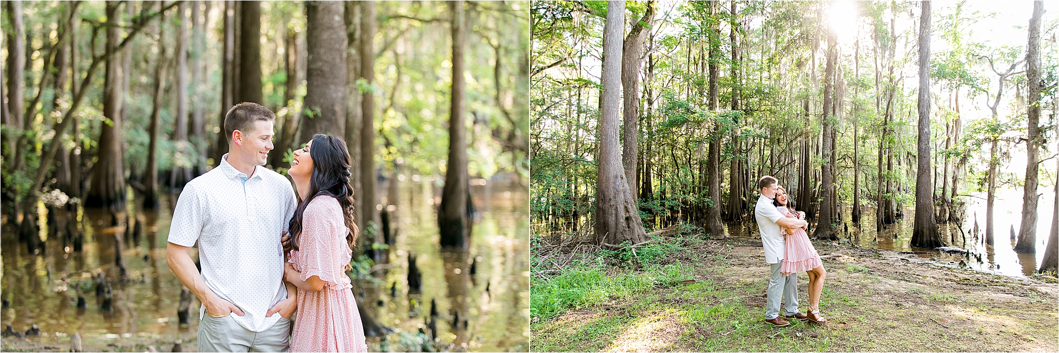 A couple laughing by the bayou at Caddo Lake state park during their summer engagement session 