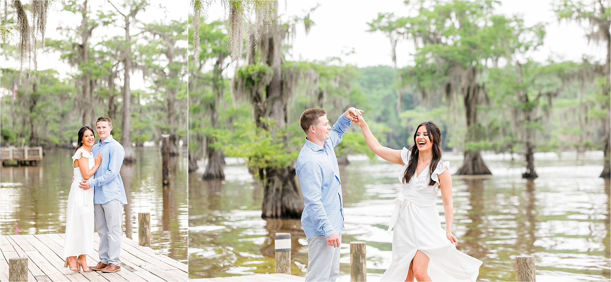 A couple dancing on the docks at Caddo Lake State Park in East Texas by DFW Engagement Photographer Jillian Hogan 
