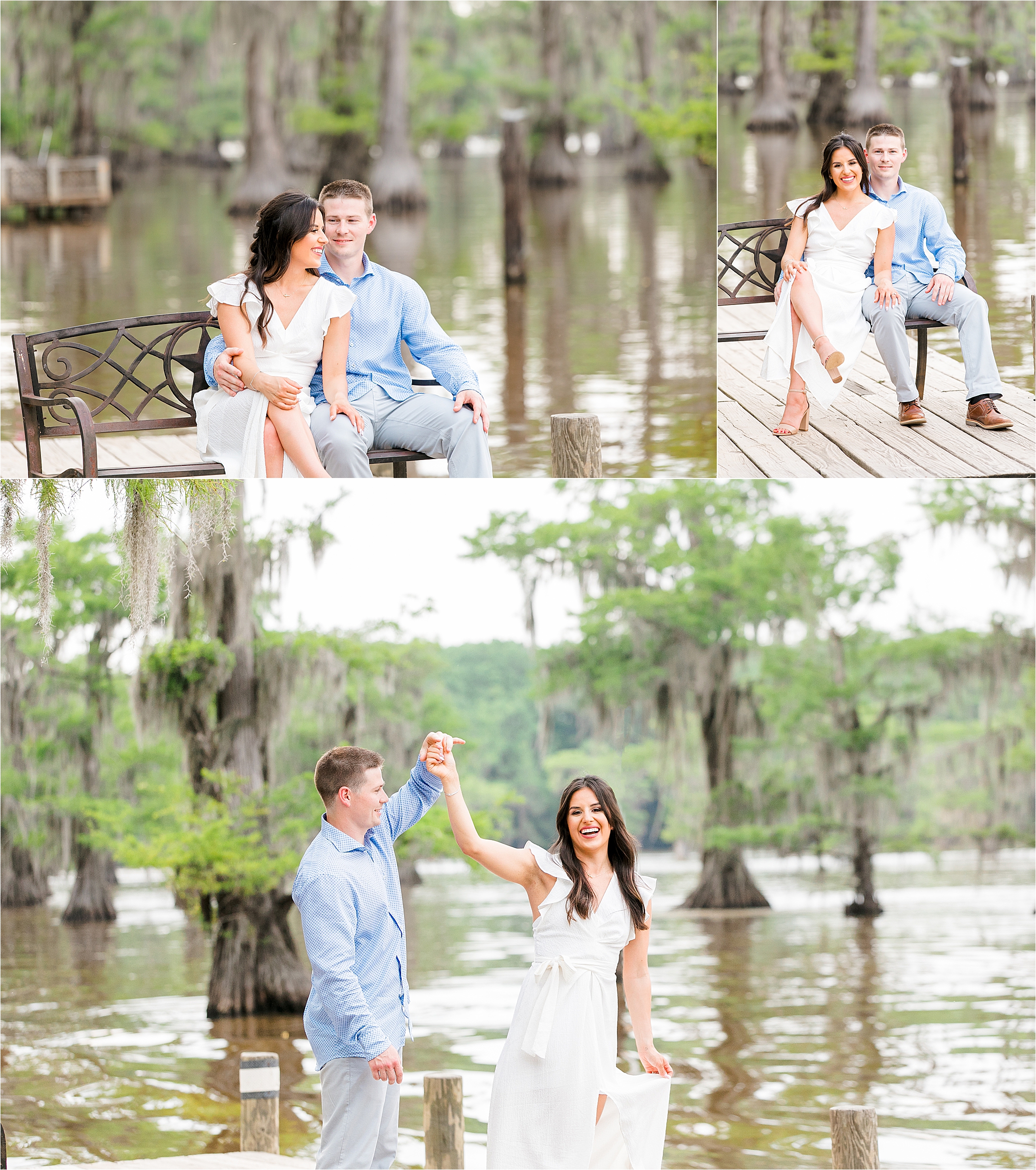 A couple sitting together and dancing on the docks near Caddo Lake State Park in East Texas 