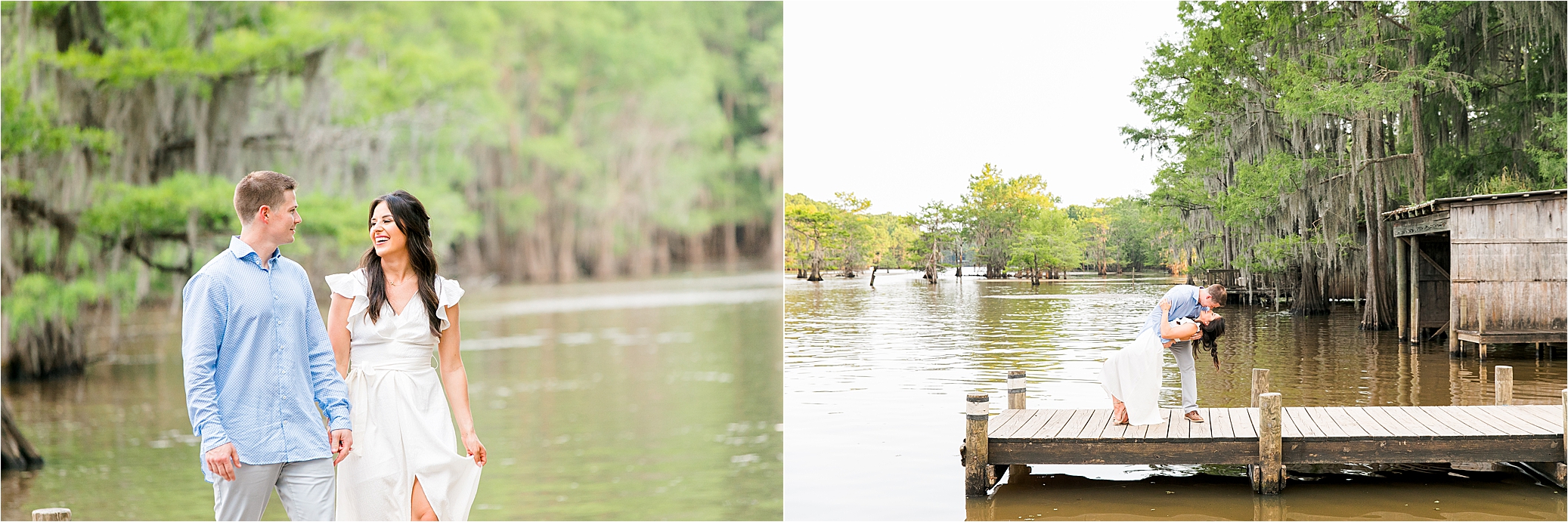A couple holding hands during their engagement session at Caddo Lake State Park in East Texas