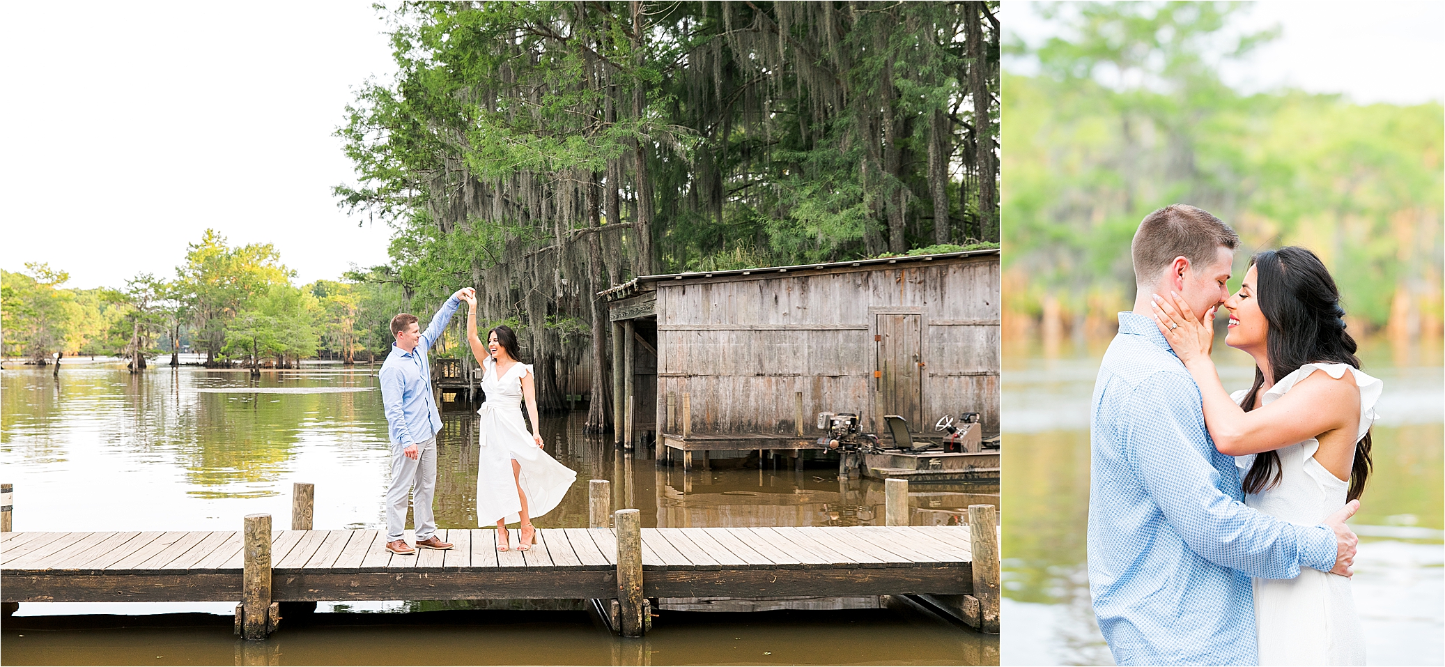 A couple dancing on the docks at Caddo Lake during their east texas engagement session 